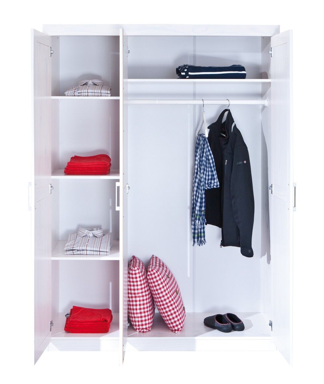 Kleiderschrank, Aufbewahrung, Kleidung, Kissen, Schuhe, Kleiderschrank weiß mit Kleiderstange