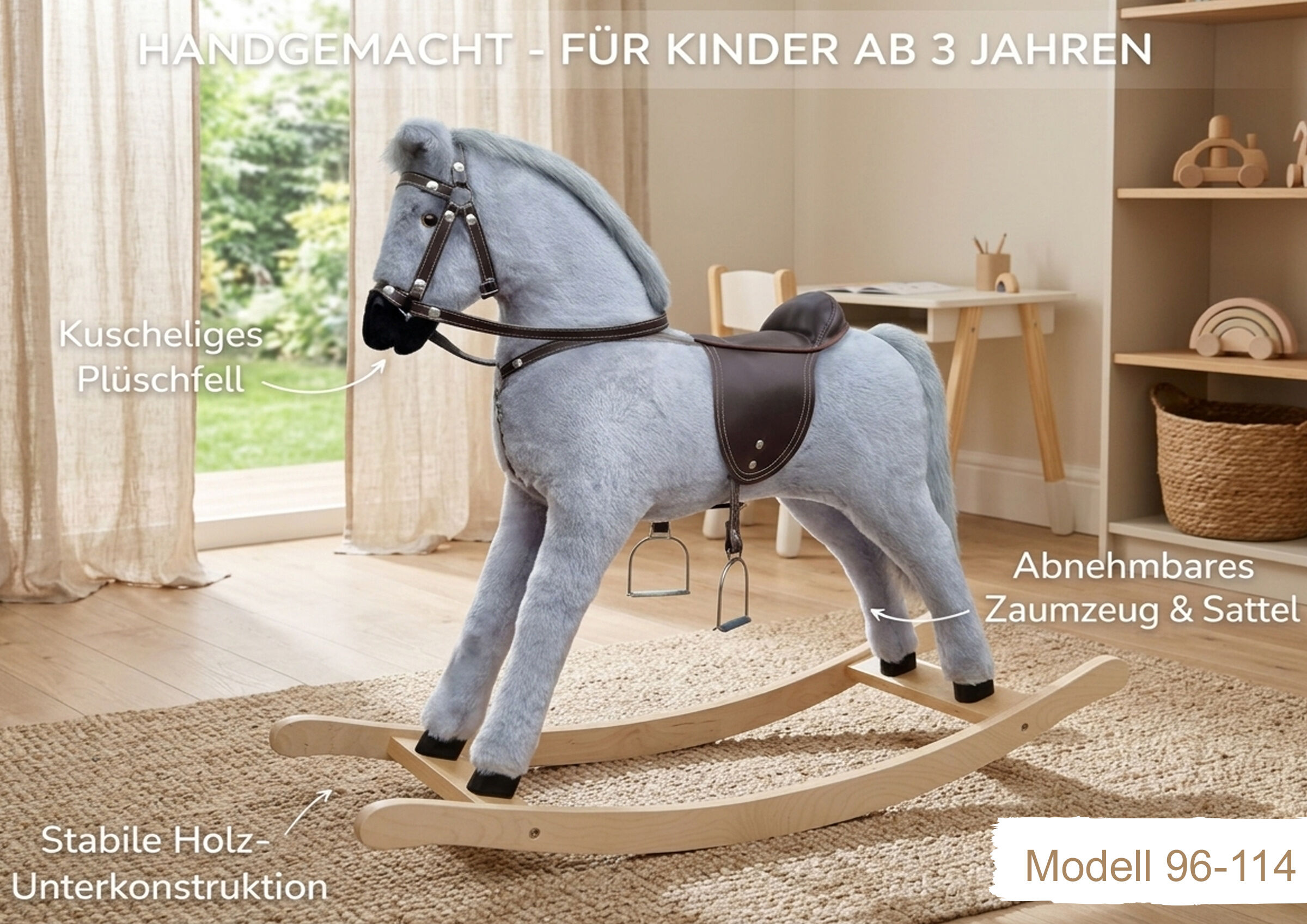 Puppenreitpferd, Stoßelstuhl, Kuscheltier, Laufendes Spielzeug, Holzrocker, graues Schaukelpferd im Kinderzimmer