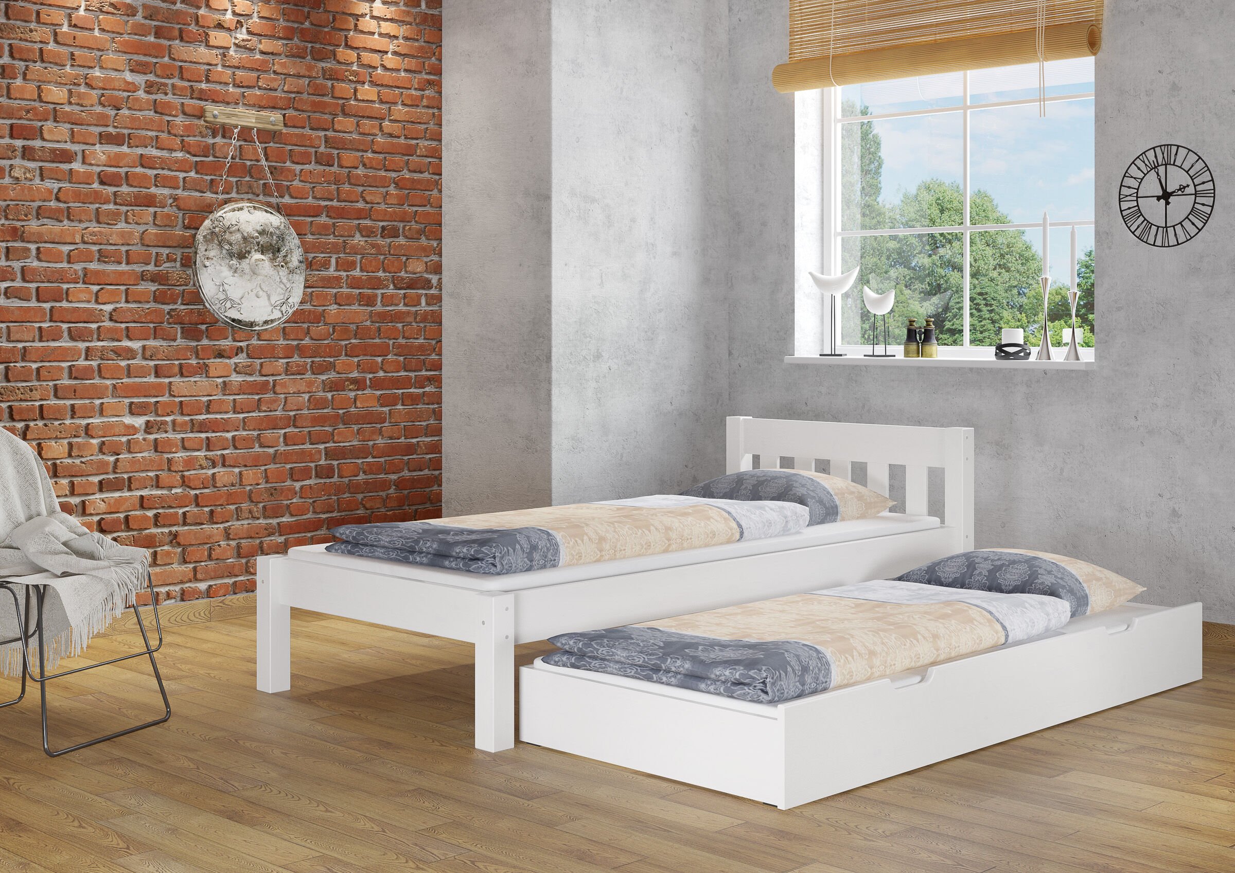 bett, Boxspringbett, weiße Holzoptik, Doppelbett, Schubladenauflage, Jugendzimmer mit Bett und Gästebettkasten Kiefer weiß