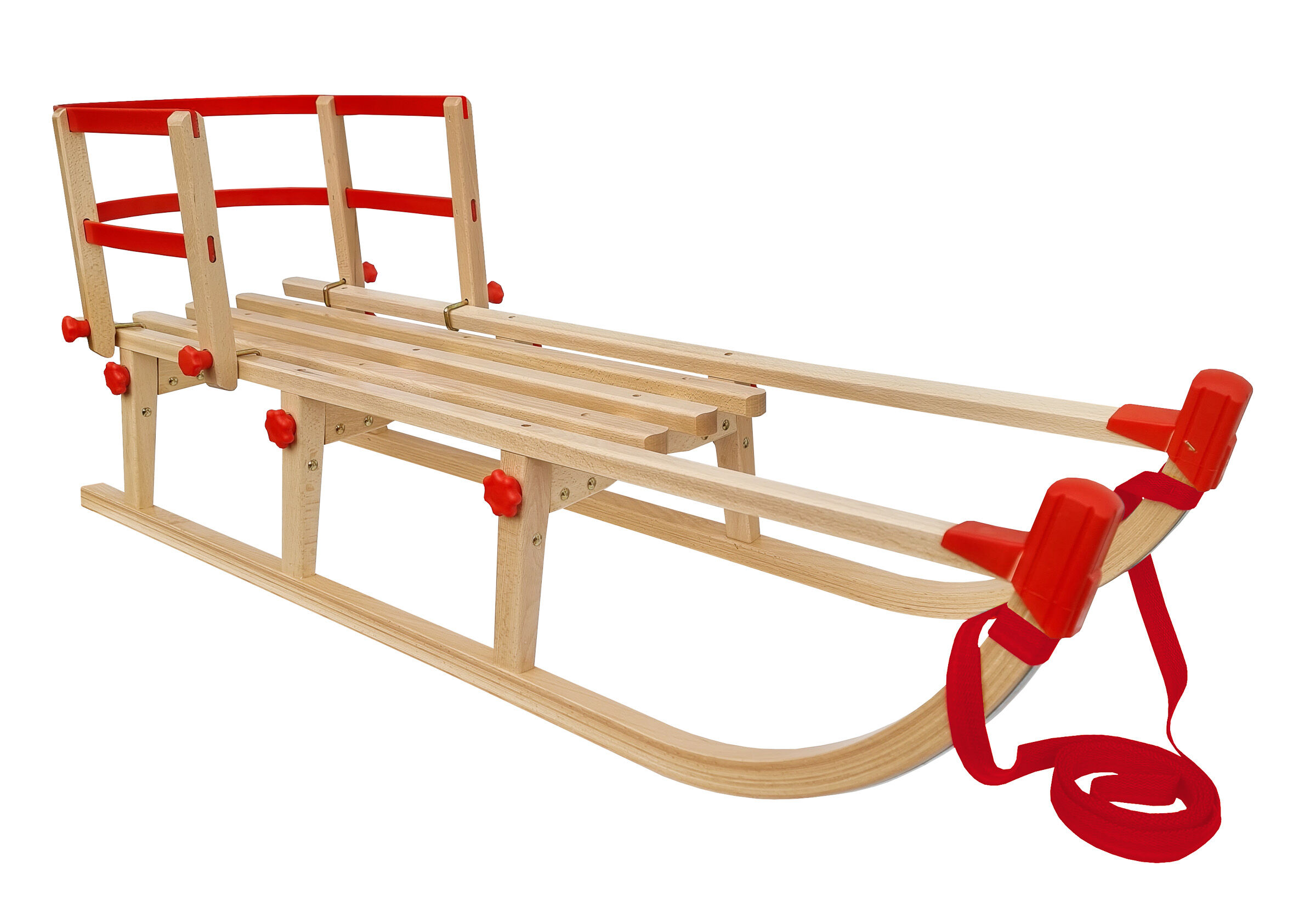 Schlitten, Holz, Rot, Gurt, Kinder, Echtholzschlitten in 115 cm mit Lehne und roter Leine