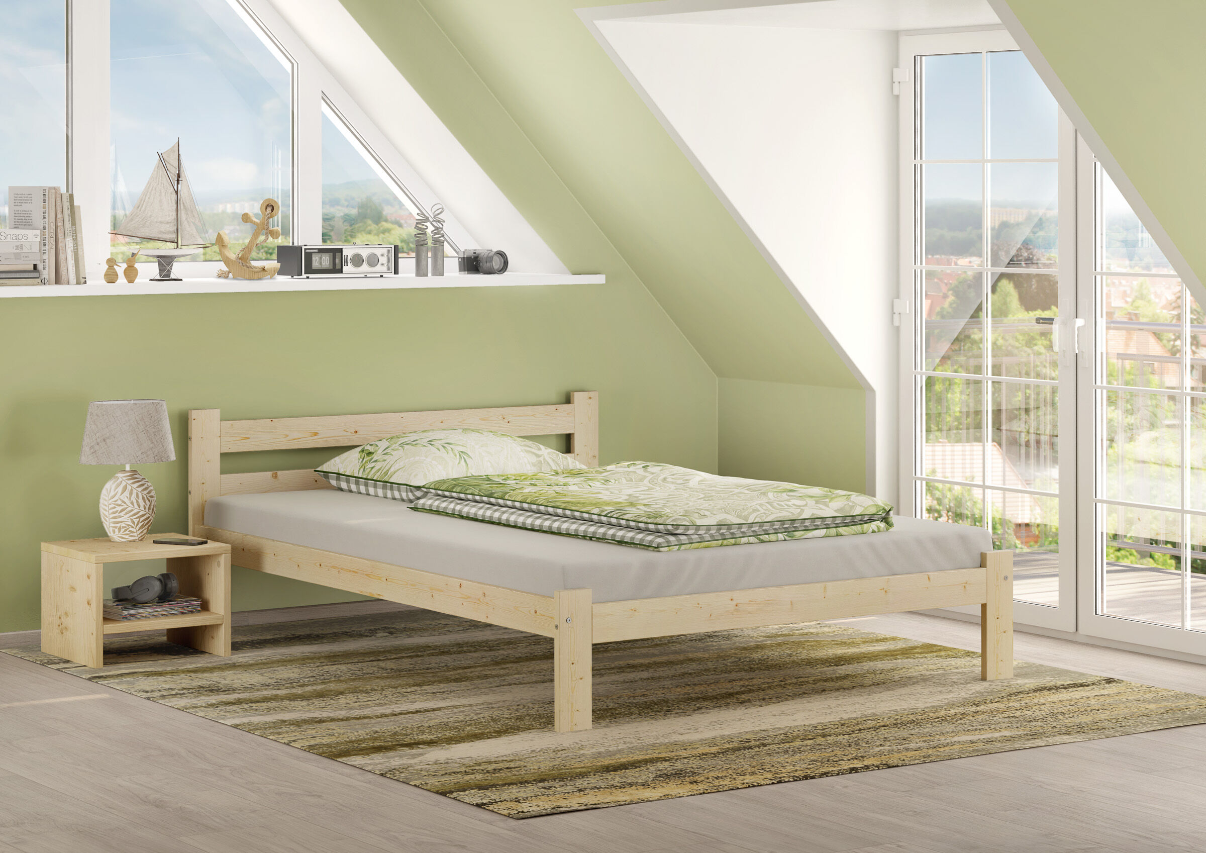 bett, holzbettrahmen, einzelbett, grün, nachtisch, Stabiles Massivholzbett 140x200 im Schlafzimmer