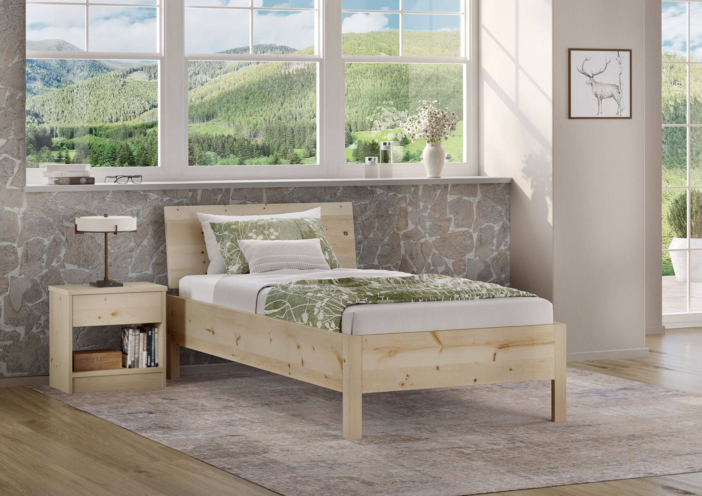 Innenarchitektur, Lampe, Mobiliar, Bett, Dekoration für Zuhause, Zimmerbild des Massivholzbettes 90x200 mit Kopflehne