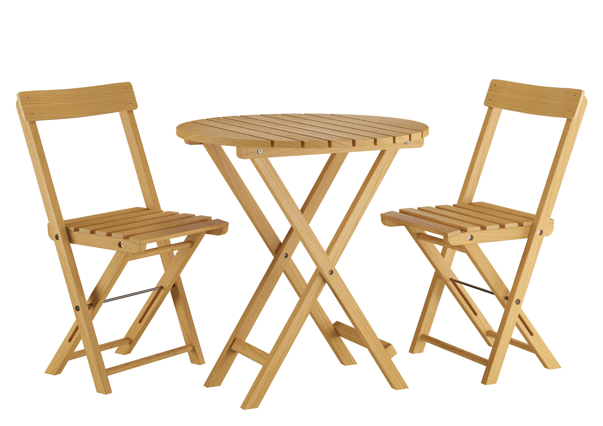 Holzstuhl, Gartenmöbel, Klappstuhl, Rundtisch, Holzset, Terrassenmöbel-Set ein Klapptisch mit zwei Klappstühlen aus Buche