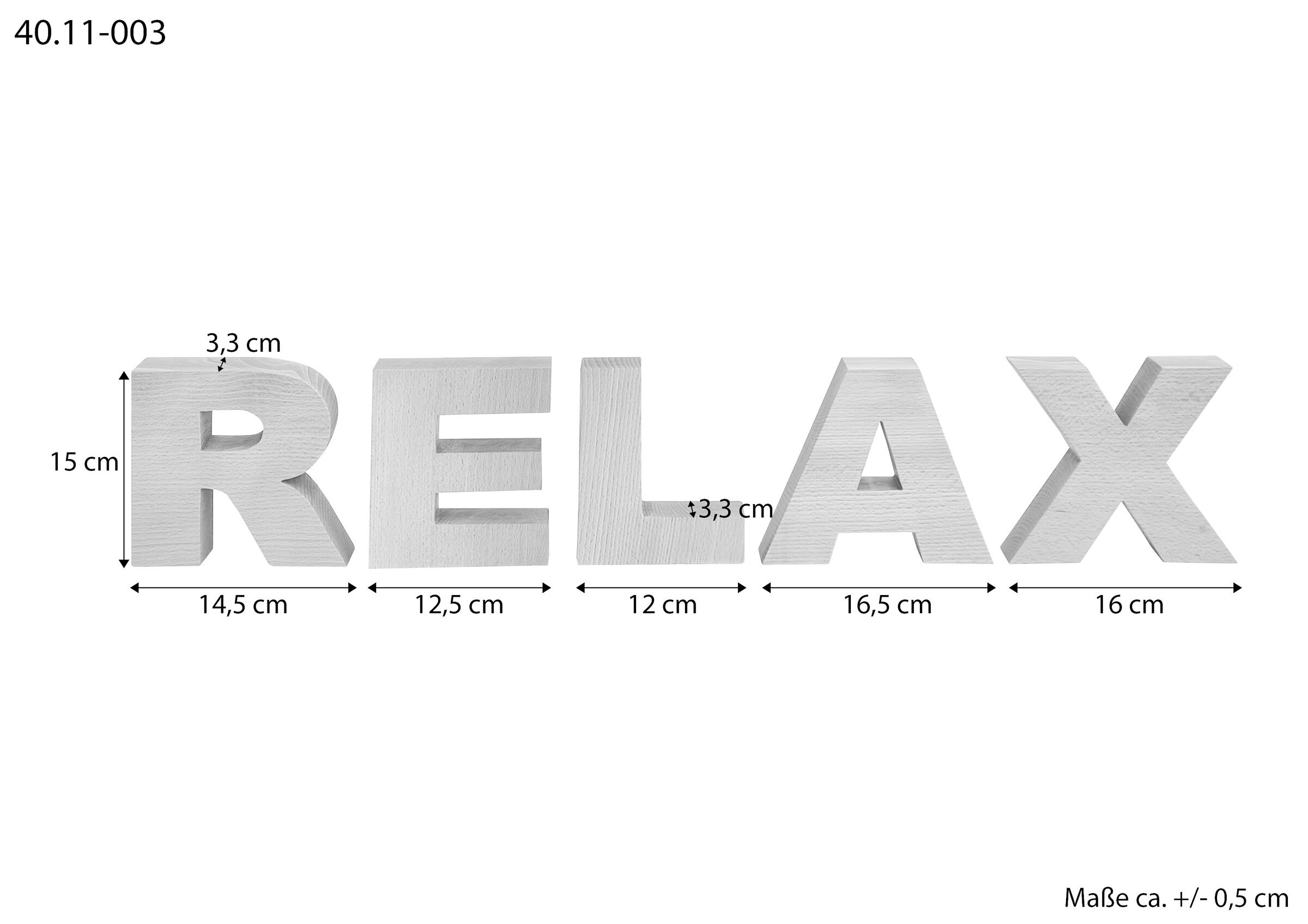 Maße des Echtholzschriftzuges  RELAX