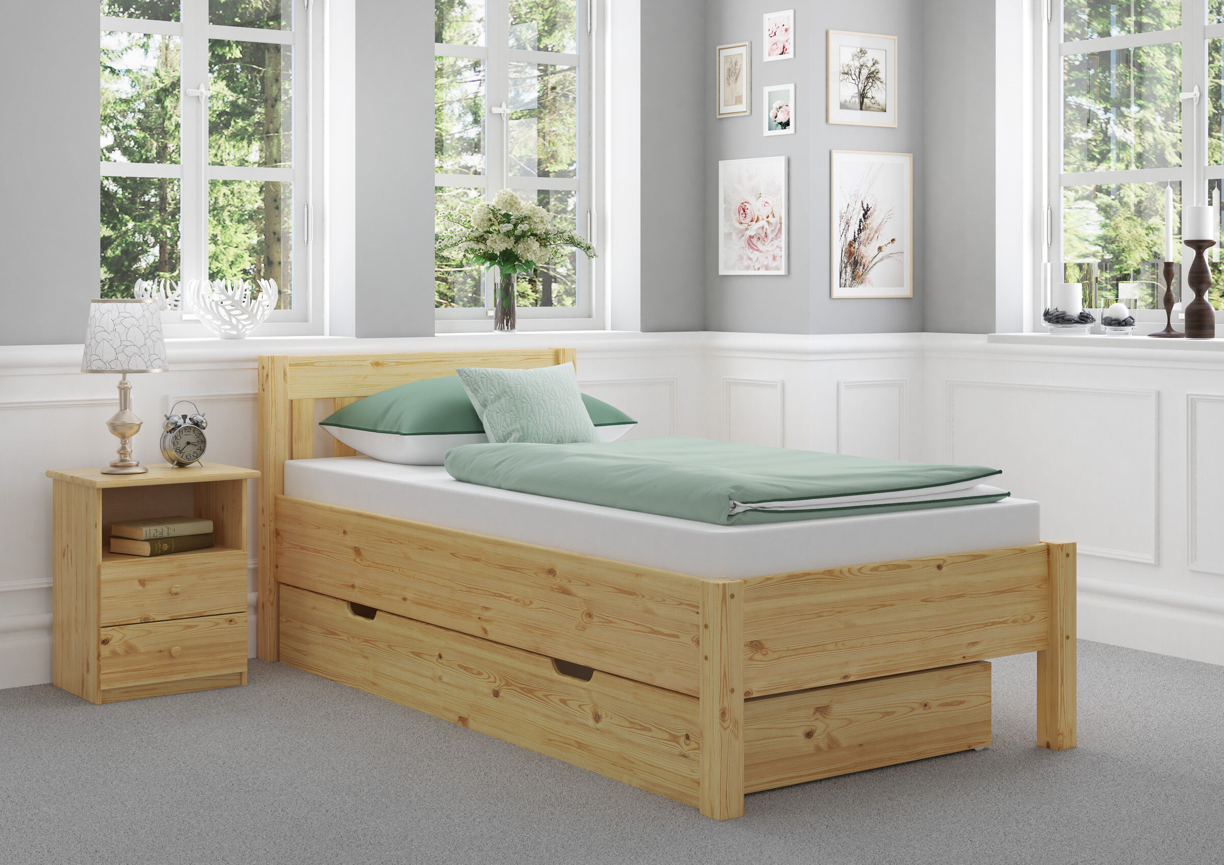 holzbetten, bettgestell, bettkasten, boxspring?, naturholz, Schlafzimmerbild Kiefer Bett mit Bettkasten