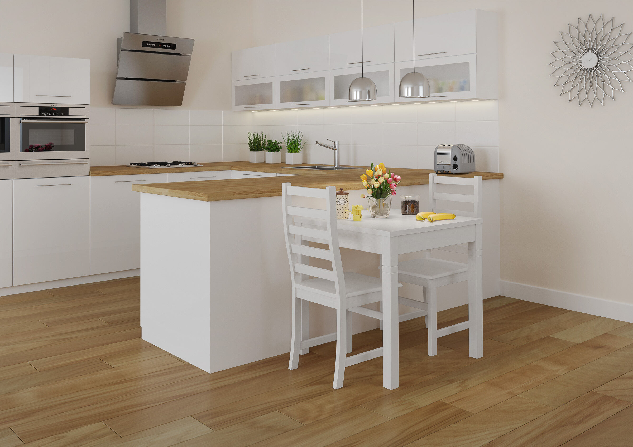 kücheninsel, weiße küche, holzboden, tischstuhl-set, backofen, Küchentisch weiß klein