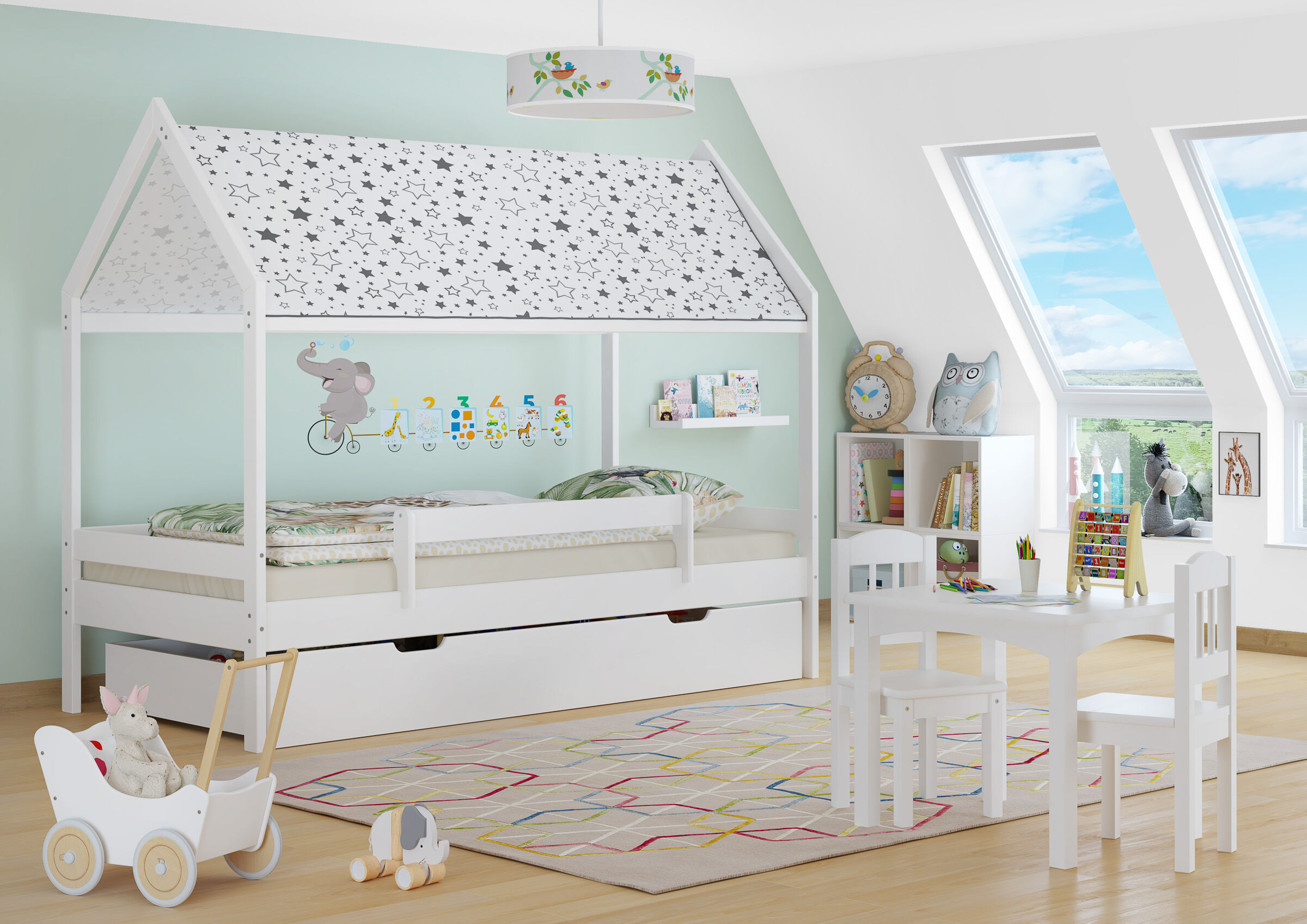Etagenbetten, Jugendzimmer, Kinderbett, Weiß, Waldstisch, Kinderzimmer mit Himmelbett und Bettkasten weiß