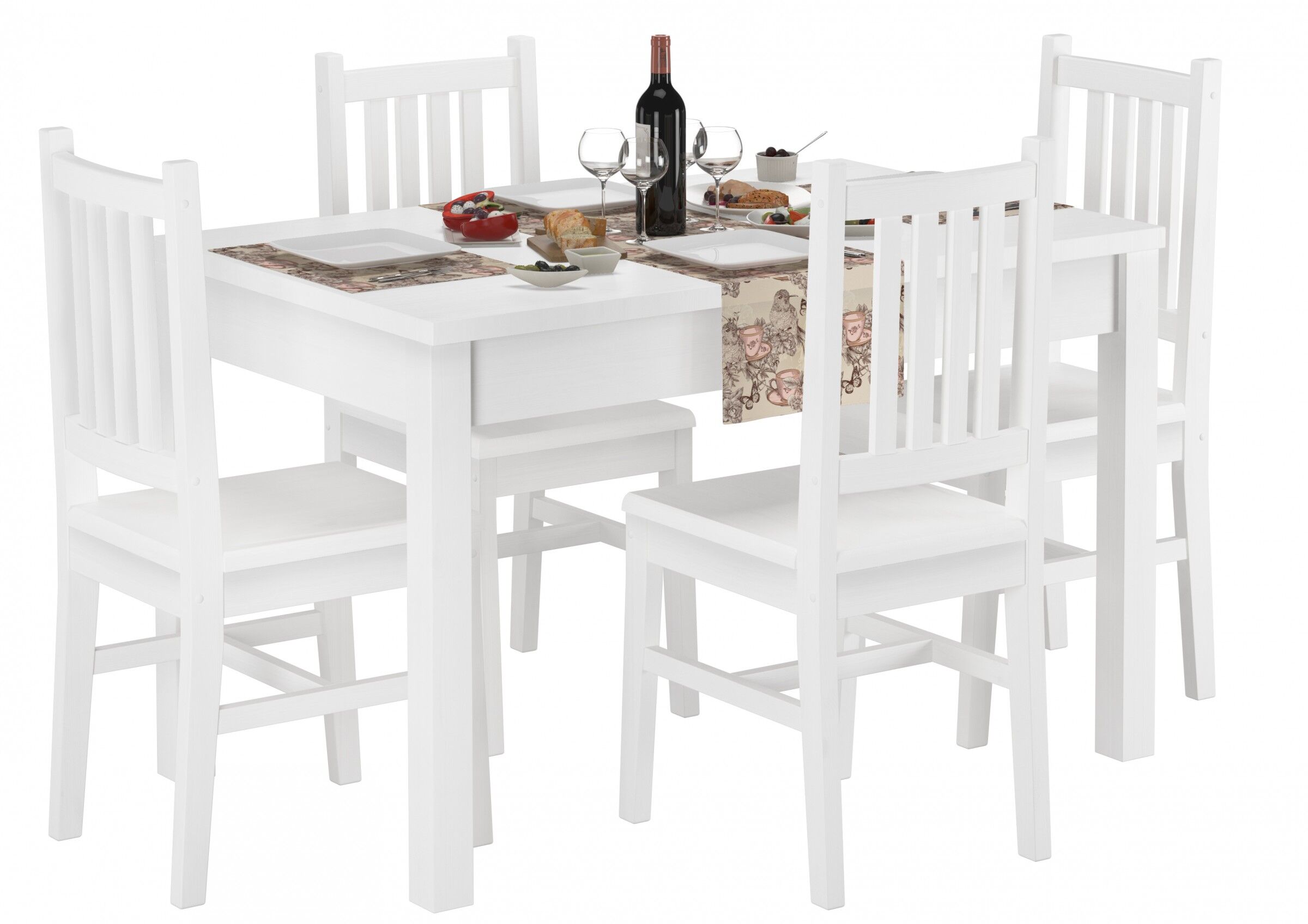 Esstisch-Set, Holztisch, weißer Tisch, Stuhlgruppe, Tischdecke, Essgruppe Kiefer weiß