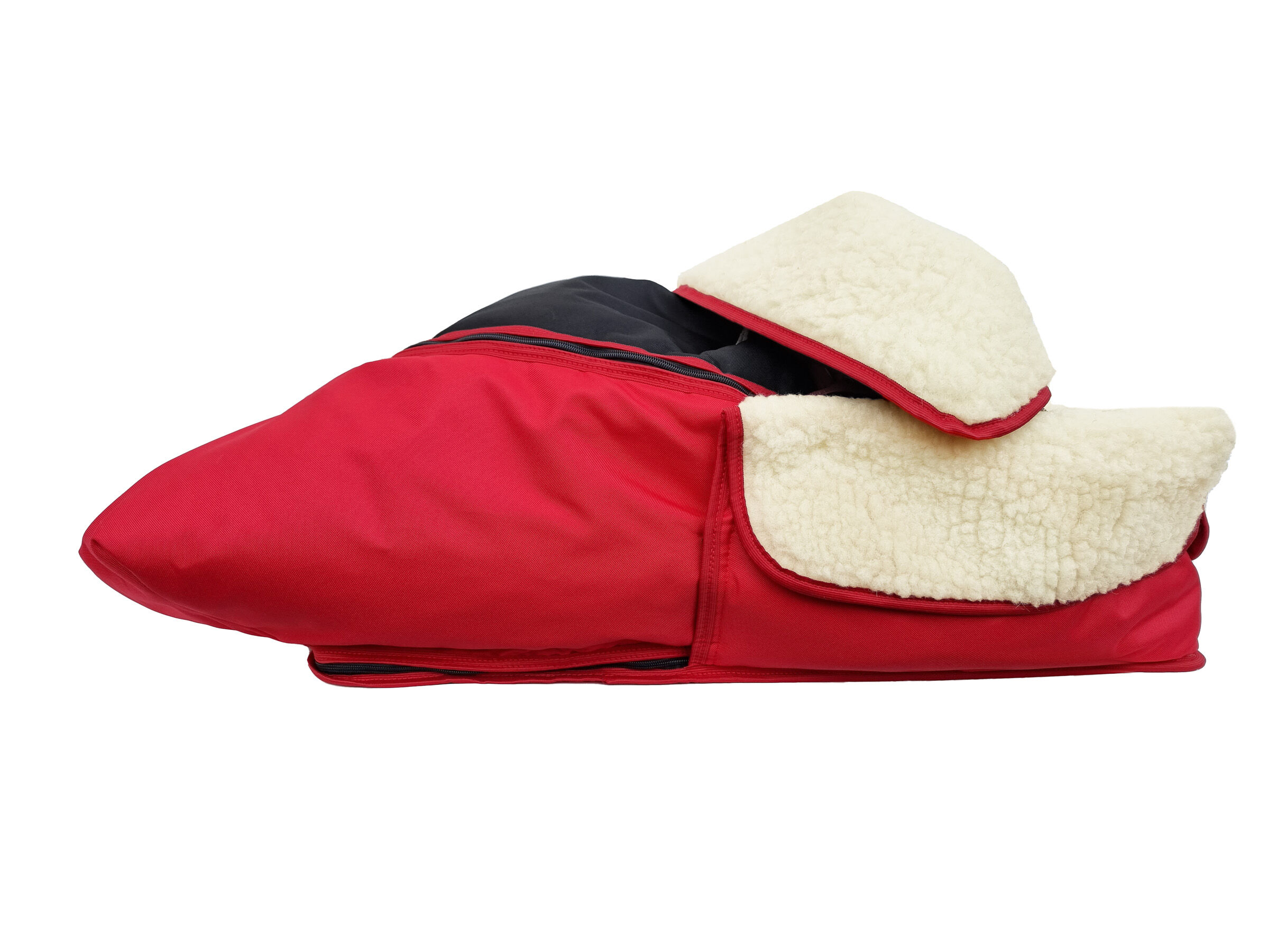 Schlupfschuh, Schuhwärmer, Schafwolle, rote Farbe, Futter aus Fellimitat, roter Lammfellfußsack