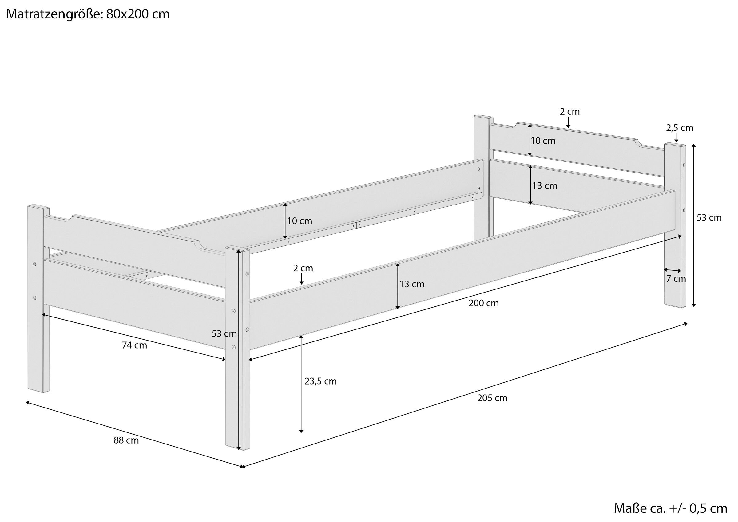 Einzelbett, Holzbett, Kinderbett, Rausfallschutz, Aufstellmaß-80x200, Skizze Kinderbett