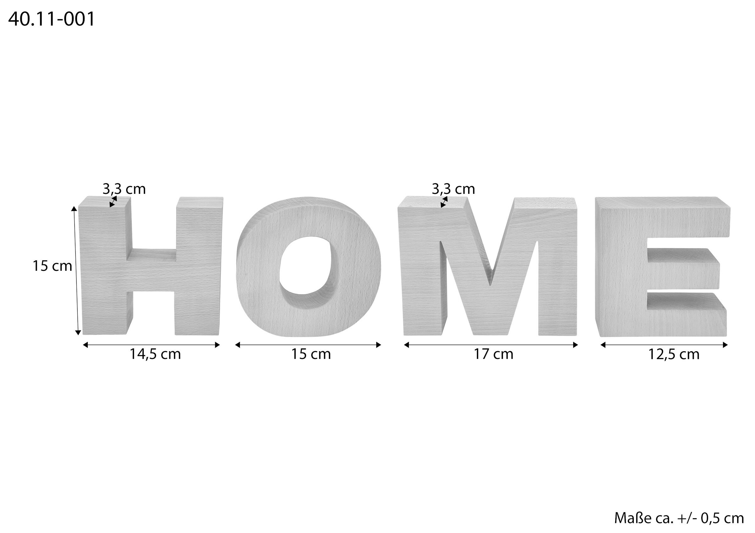 Maße des Echtholzschriftzuges Home