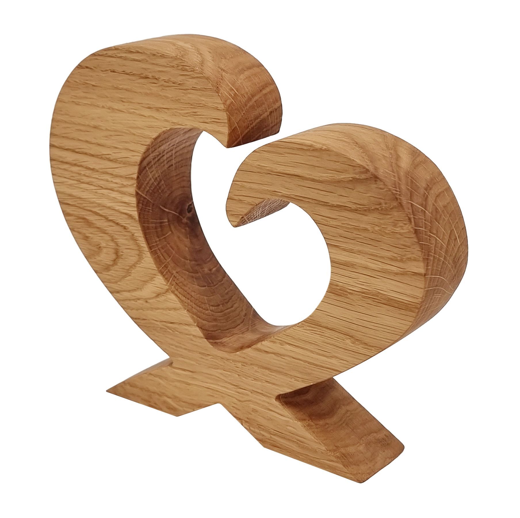 Holzdeko, Buchstabe Q, Wooden letter, Q shaped decor, Naturholz, Detailbild des Herzes aus Eiche
