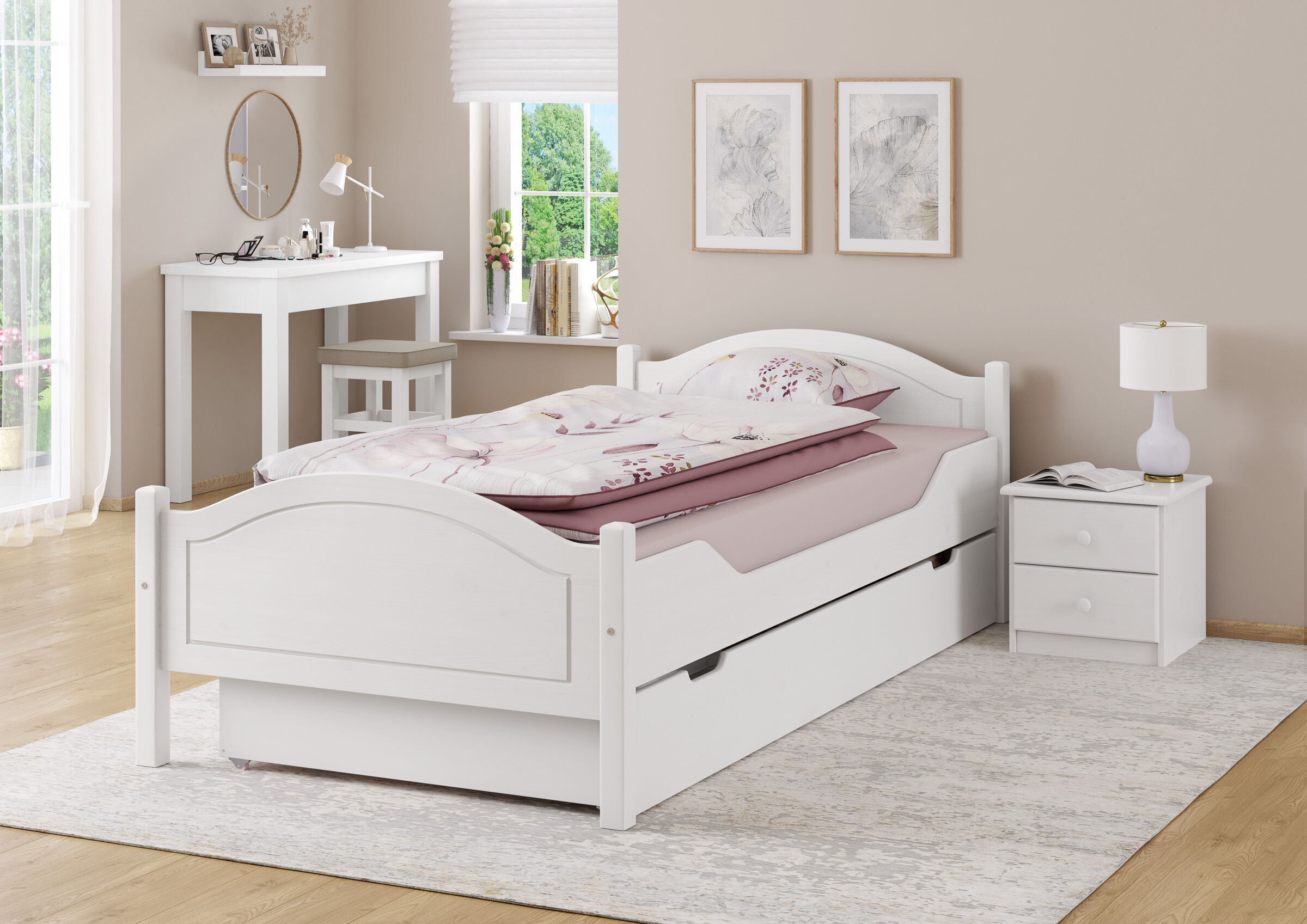 bett, zimmermöbel, weiß, bettwäsche, schlafzimmer, Bettkasten Weiß mit Bett