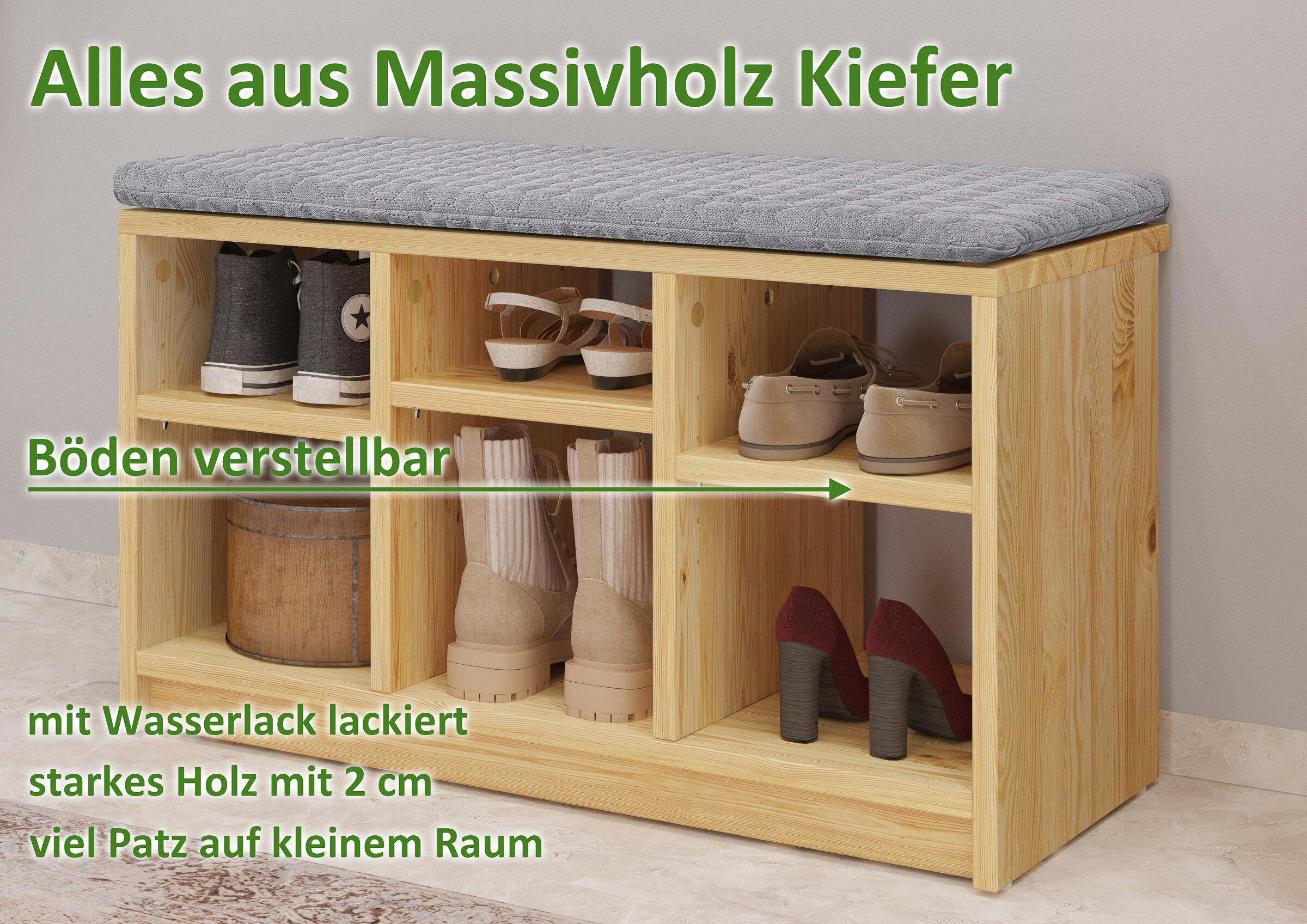 Massivholz, Kiefer, Schuhbank, Garderobenbank, Aufbewahrungskorb, offenes Schuhregal