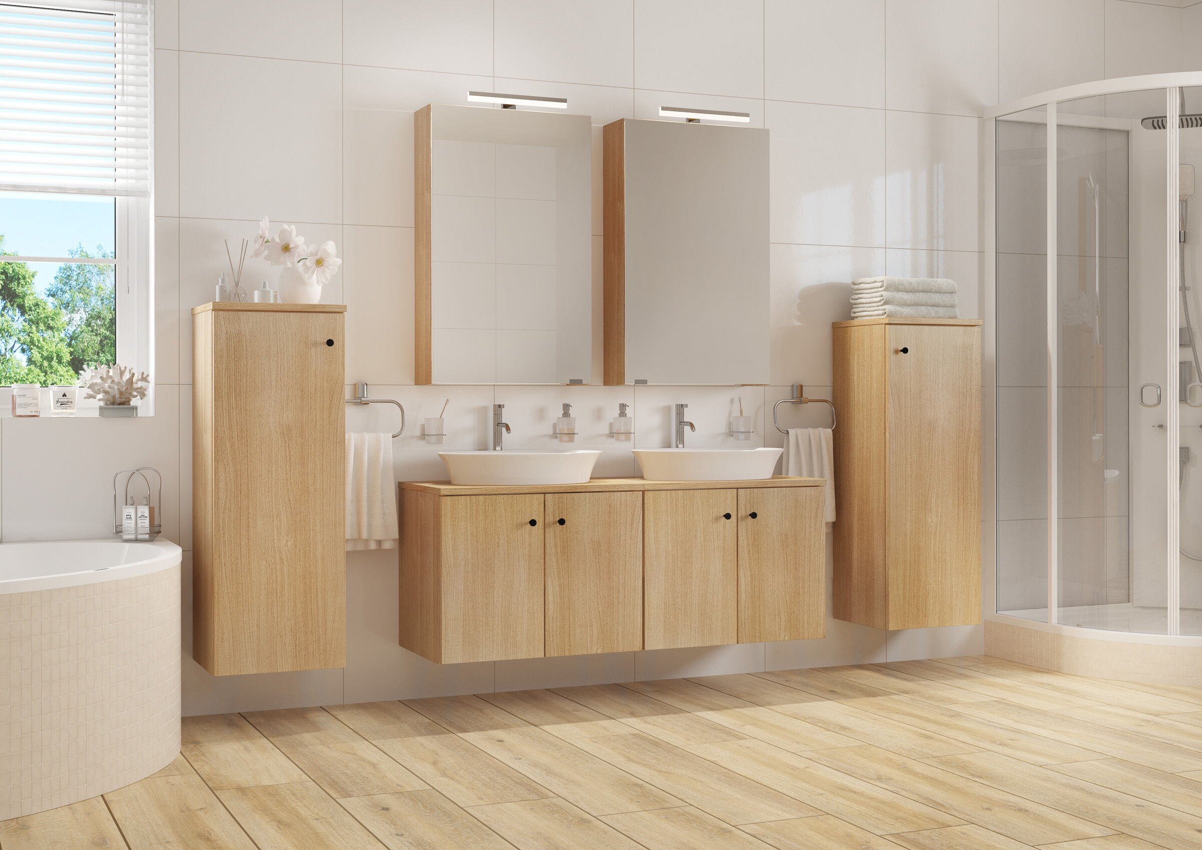 Badezimmer, Waschtisch, Doppelwaschbecken, Holzschränke, Duschkabine, 6-teiliges Set ohne Füße als Beispiel