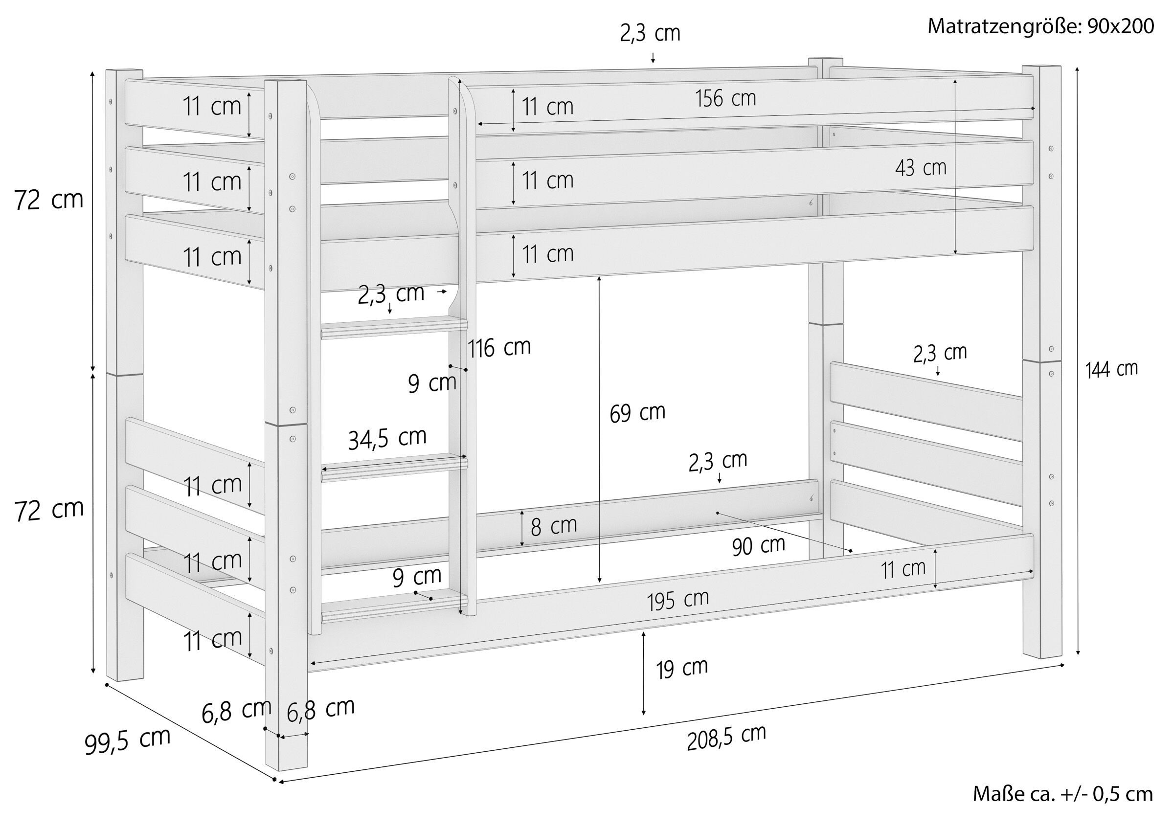 jugendbett, Holzbett, Stockbett, Bettgestell, Aufbewahrungsladen?, Skizze mit Maße