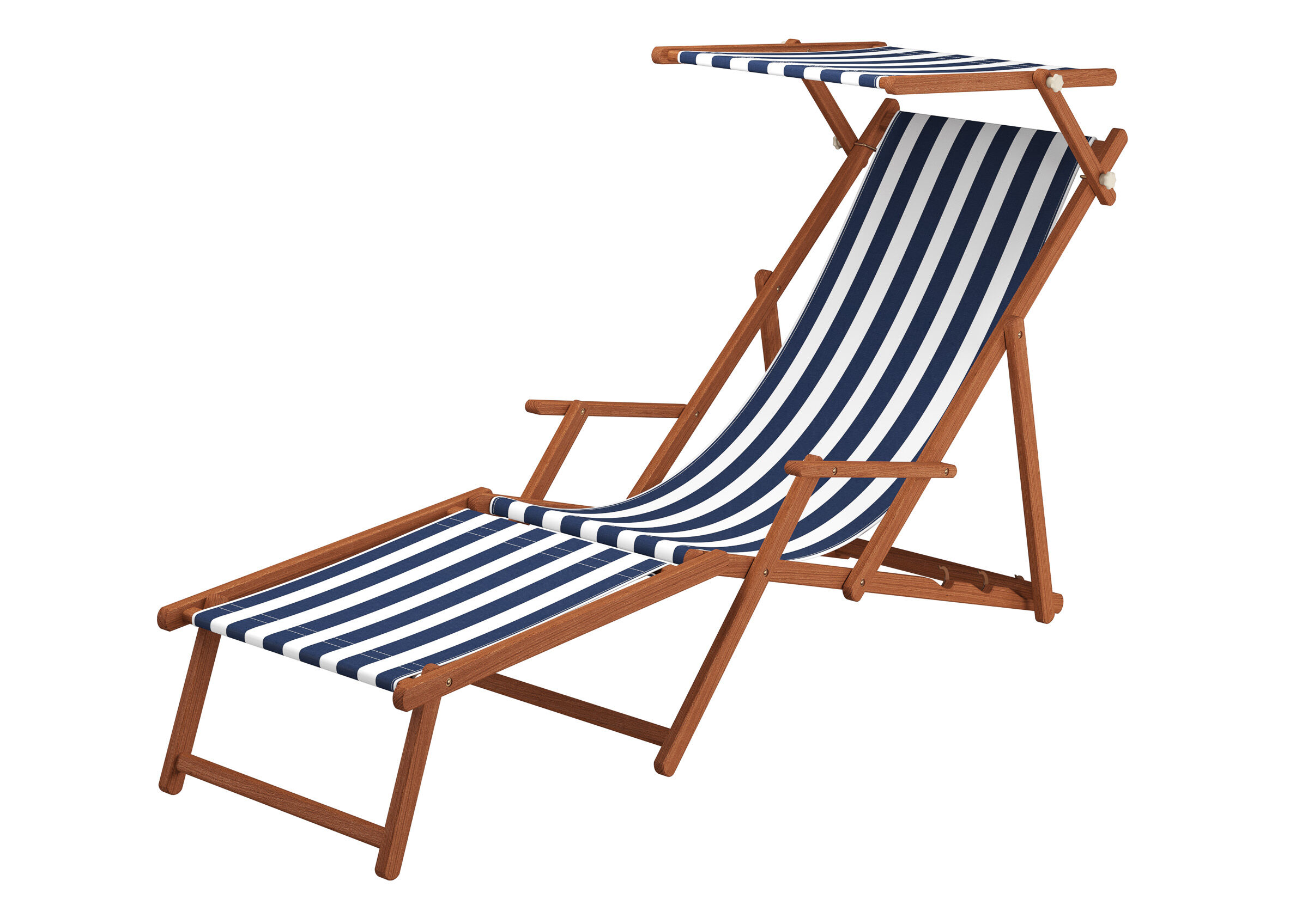 Liegestuhl, Sonnenliege, Strandsessel, Holzgestell, Streifenstoff, Strandstuhl mit Sonnendach und Fußteil