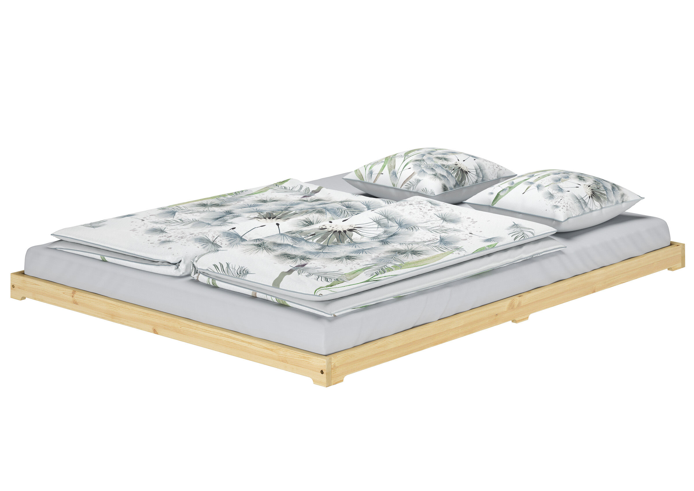 Bett, Bettwäsche, Kopfkissen, Dekokissen, Holzbettgestell, niedriges Futonbett Kiefer natur