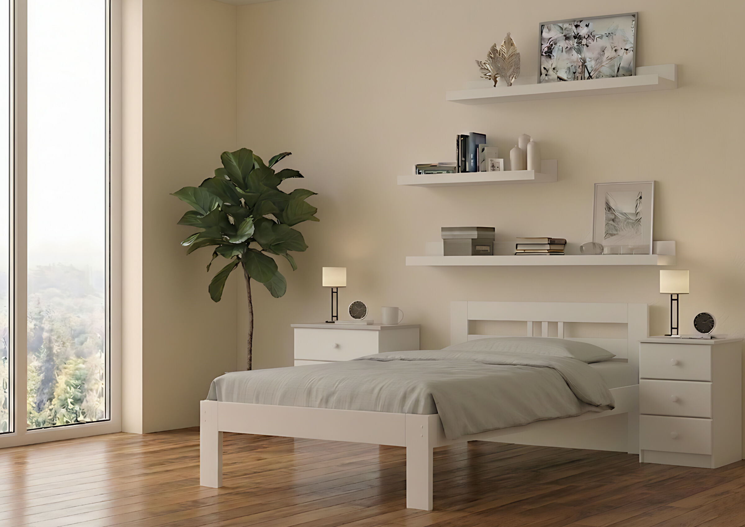Schlafzimmer, Bett, Schranktisch, Beleuchtung, Pflanze, Holzbett 100x200 weiß im Kinderzimmer