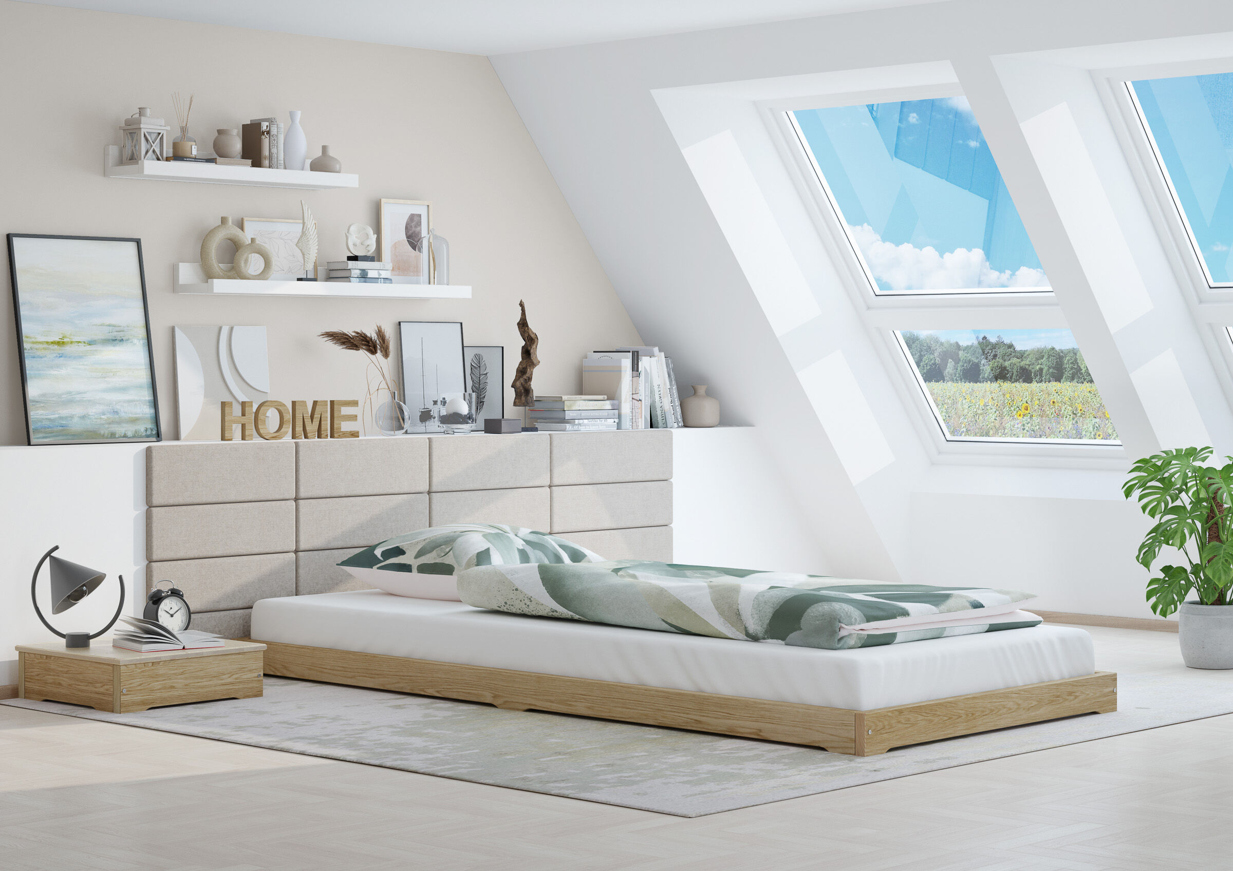 bett, Schlafzimmer, Bett mit Plattform, neutrale Töne, Wandregale-Dekor, Jugendzimmer mit Niederflurbett Esche geölt