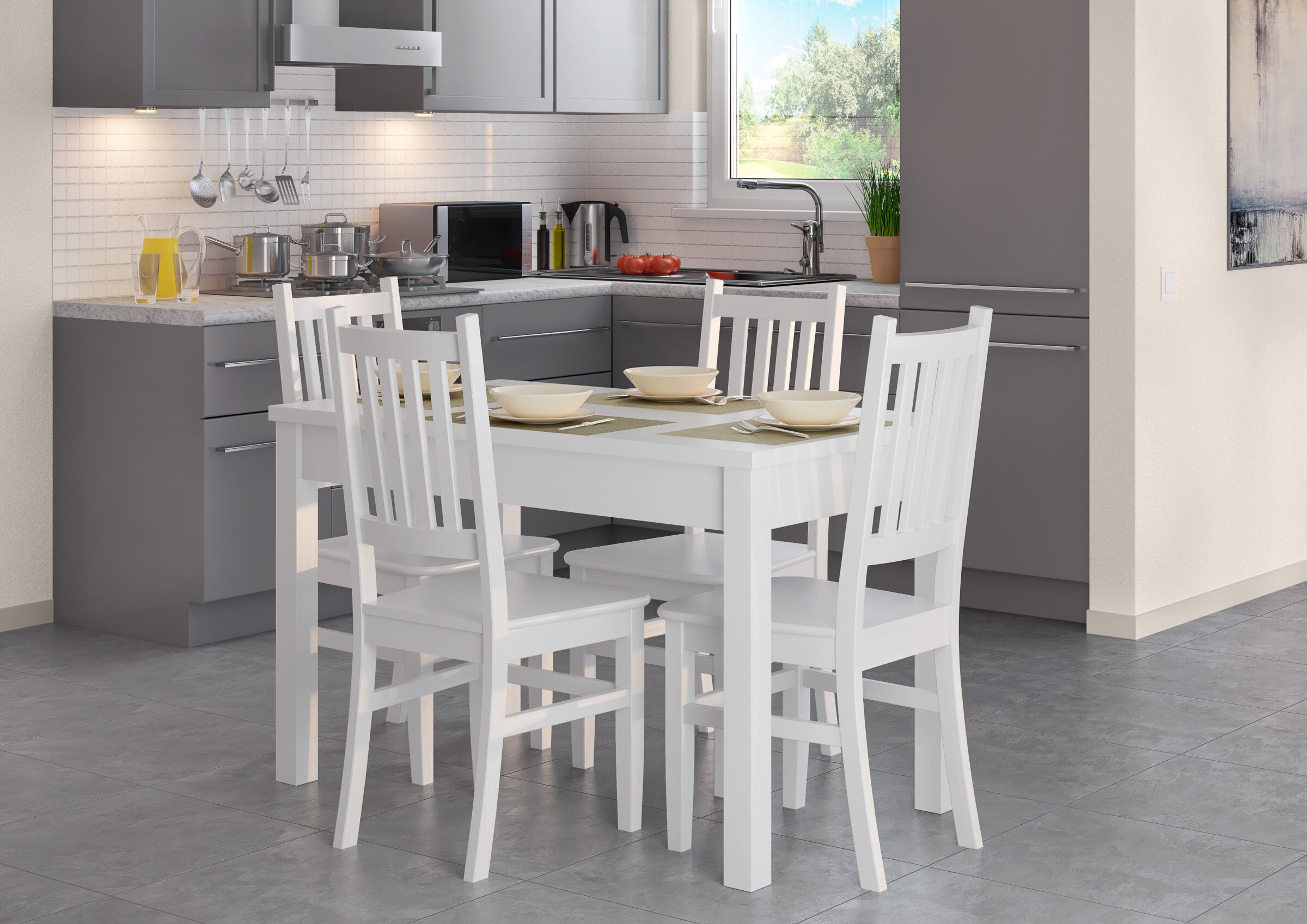 kitchen, Esstisch, weiße Stühle, graue Schränke, Fliesenspiegel, Essgruppe Kiefer weiß