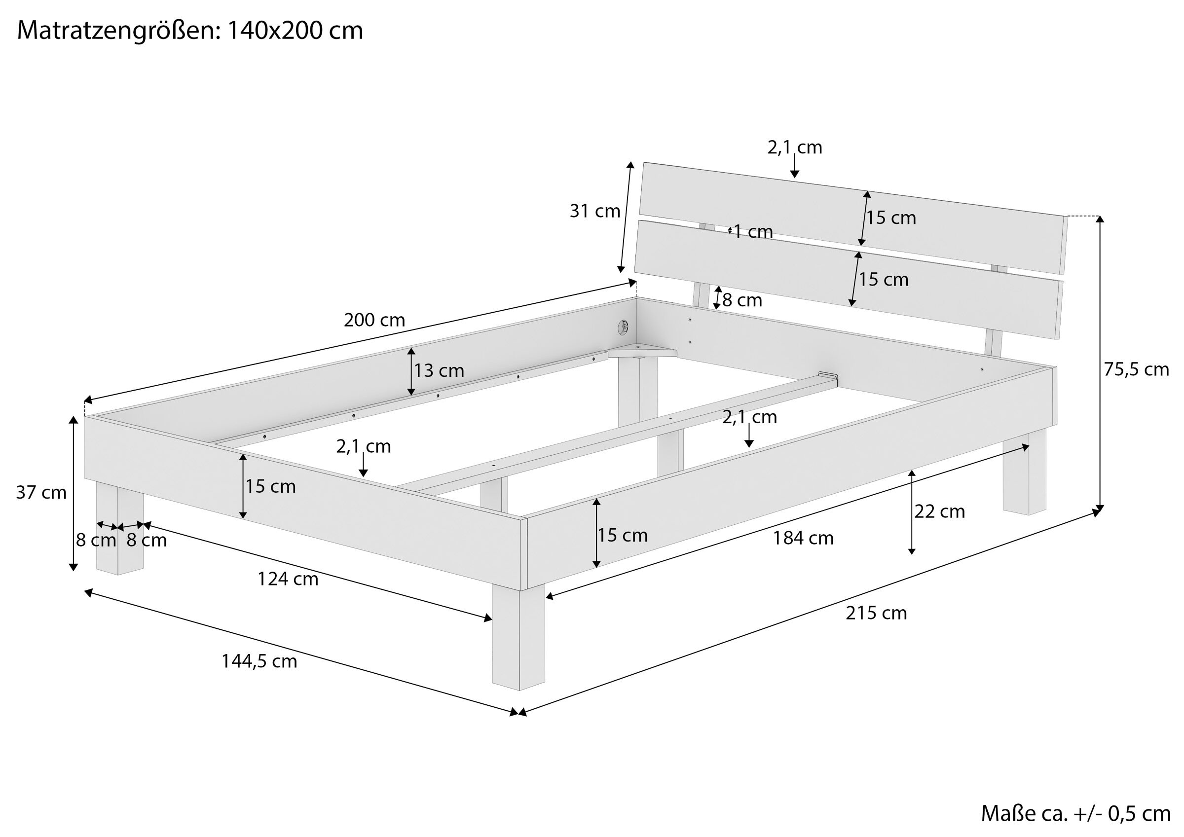 Holzbett, Bettgestell, 140x200 cm, Holzfarbton, Bettrahmen, Maße des Vollholzbettes 140x200