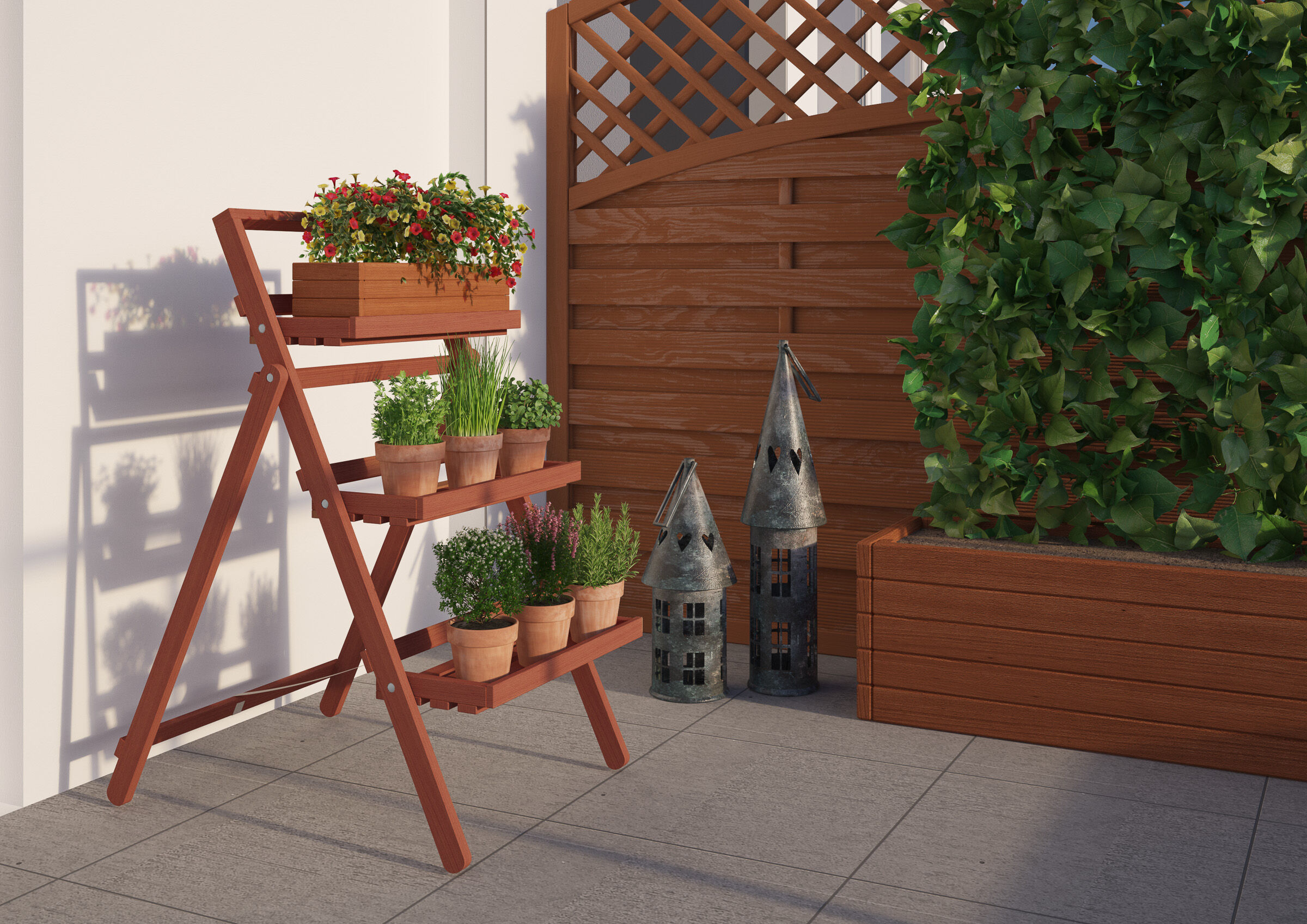holzregal, pflanzenständer, terrassengarten, blumen, kerzenlaternen, Kreuterregal aus Buche am Balkon