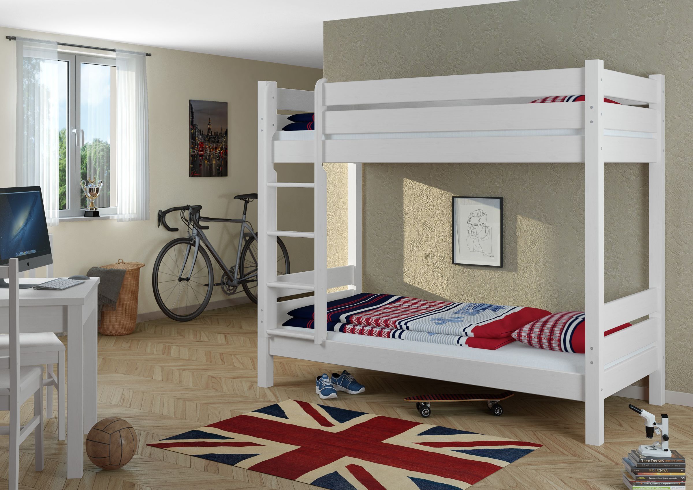 Hochbett, Jugendzimmer, Bettgestell, Holzbettrahmen, bunte Bettwäsche, Etagenbett weiß im Zimmer mit Fahrrad und Schreibtisch