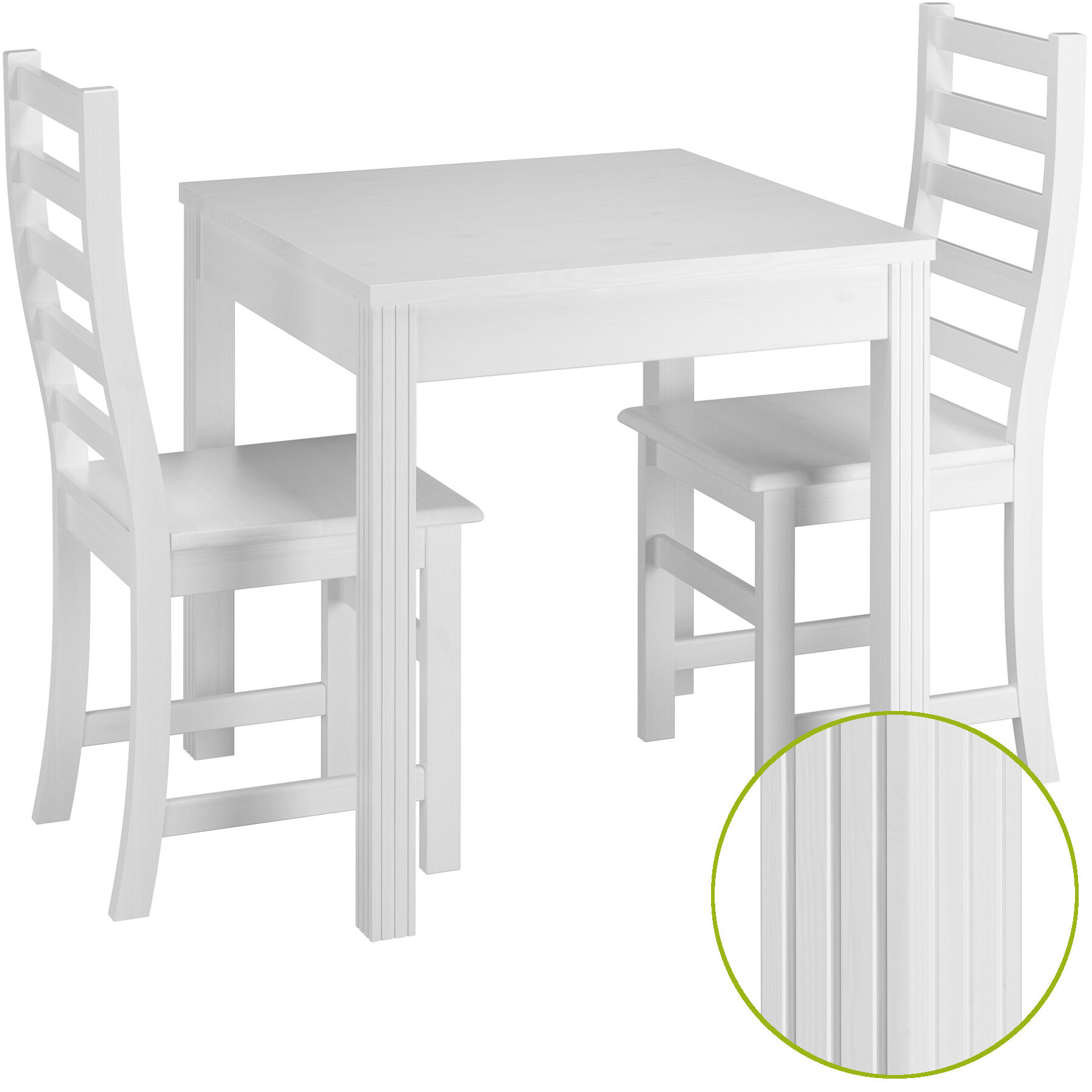 Esstisch, Küche, Holztisch, weiß, Stühle around table, Essgruppe aus massiver Kiefer, Stuhlmodell 21, waschweiß lackiert, 75 x 75 cm, Tischbeine mit dekorativen Längsrillen