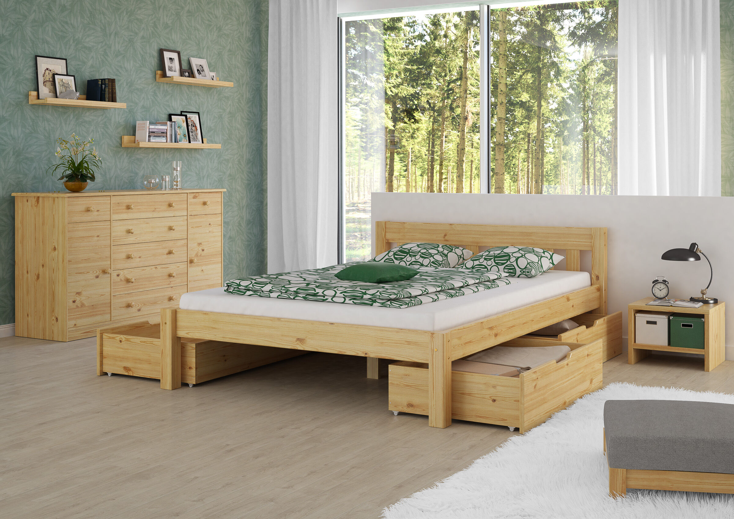 I can't, Schlafzimmer mit Doppelbett Kiefer natur und Bettkästen