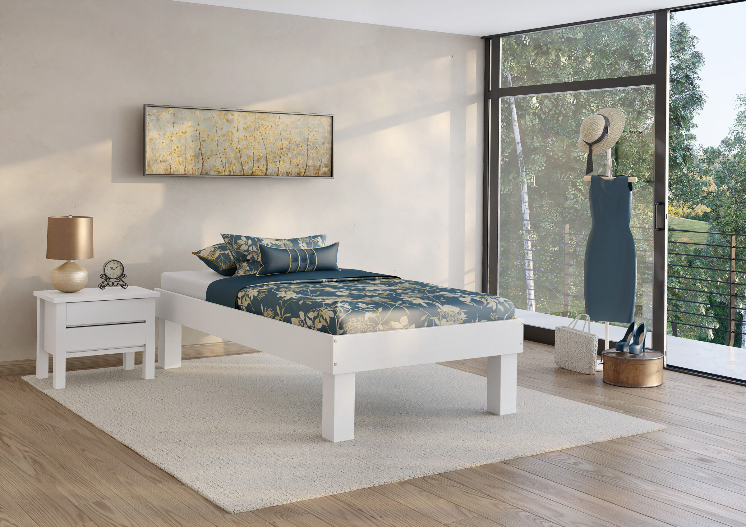 Bett, Weißes Bettgestell, gemustertes Bettwäsche-Set, blaue Bettwäsche, Kleidungsaufbewahrung nicht sichtbar, Zimmerbild des Echtholzbettes 100x220 weiß