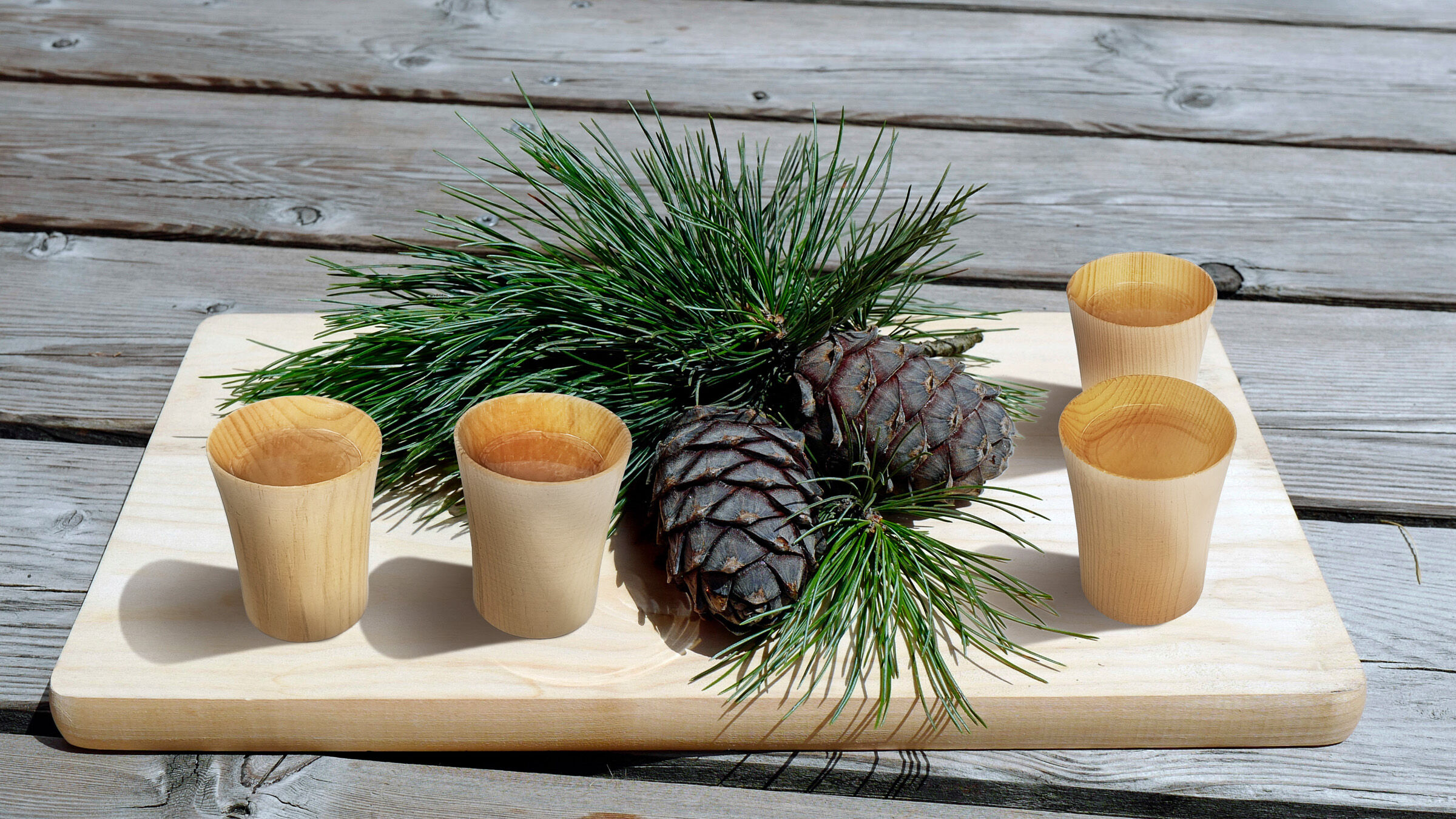 Kiefer, Tannenzweig, Kiefernstämmchen, Holzteller, Holzbecher, Schnappsbecher aus Zirbenholz