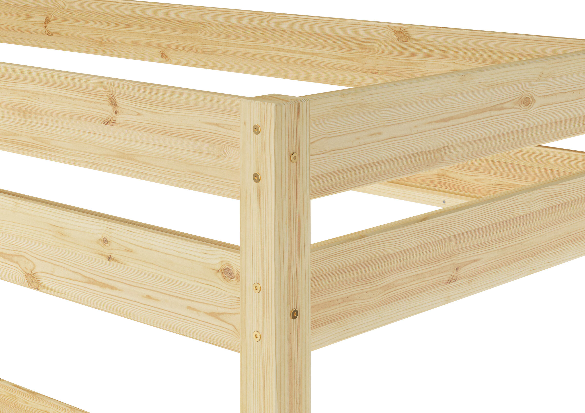 Holzbett, Kiefernholz, Rahmen, Lattenrost-unterstützung, Naturholz, Detailbild Hochbett Einzelbett Kiefer natur