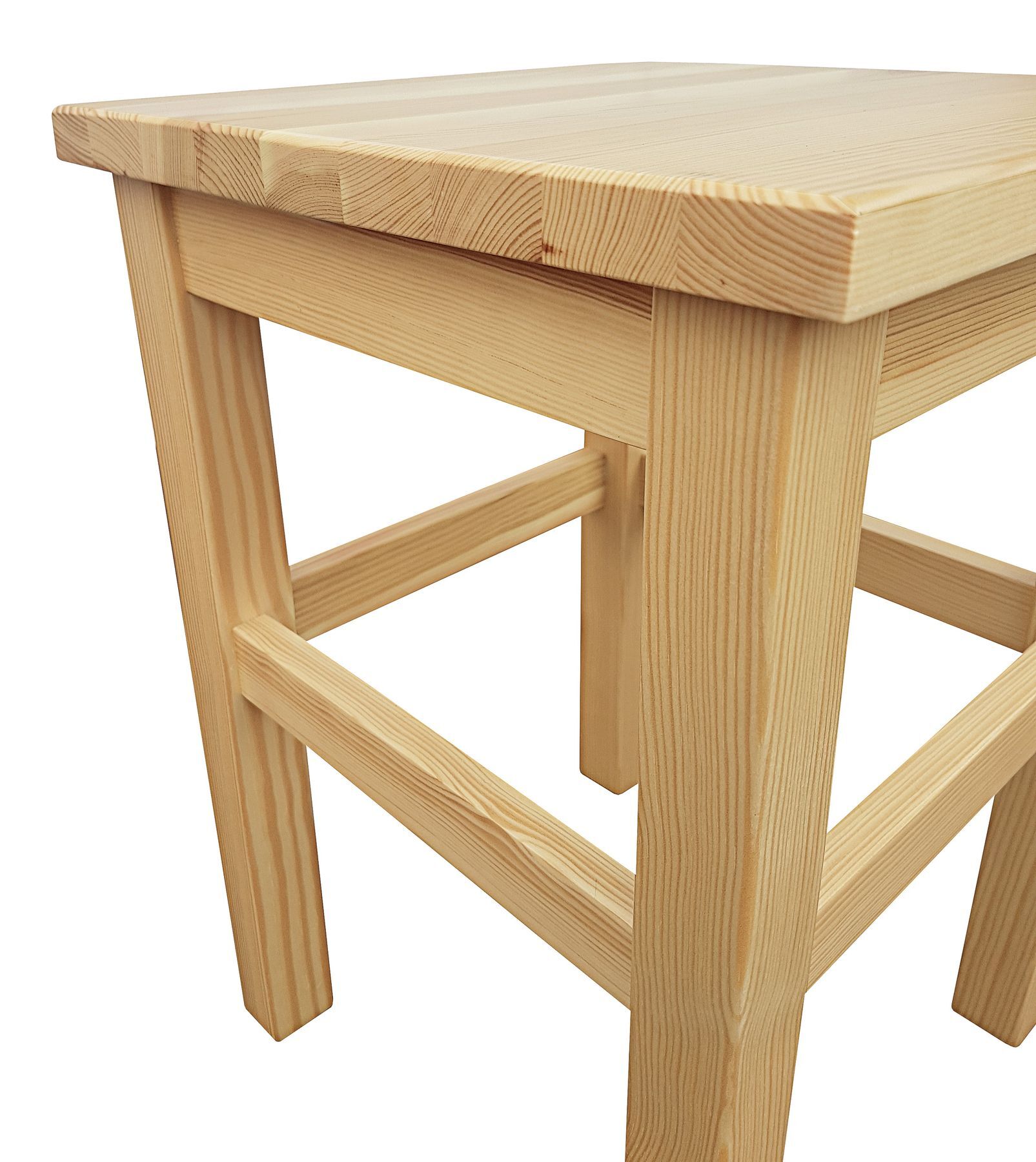 Holzstuhl, Holzstuhl aus Naturholz, Küchenstuhl, Massivholz, Gestell aus Holz, Detailbild des Hockers