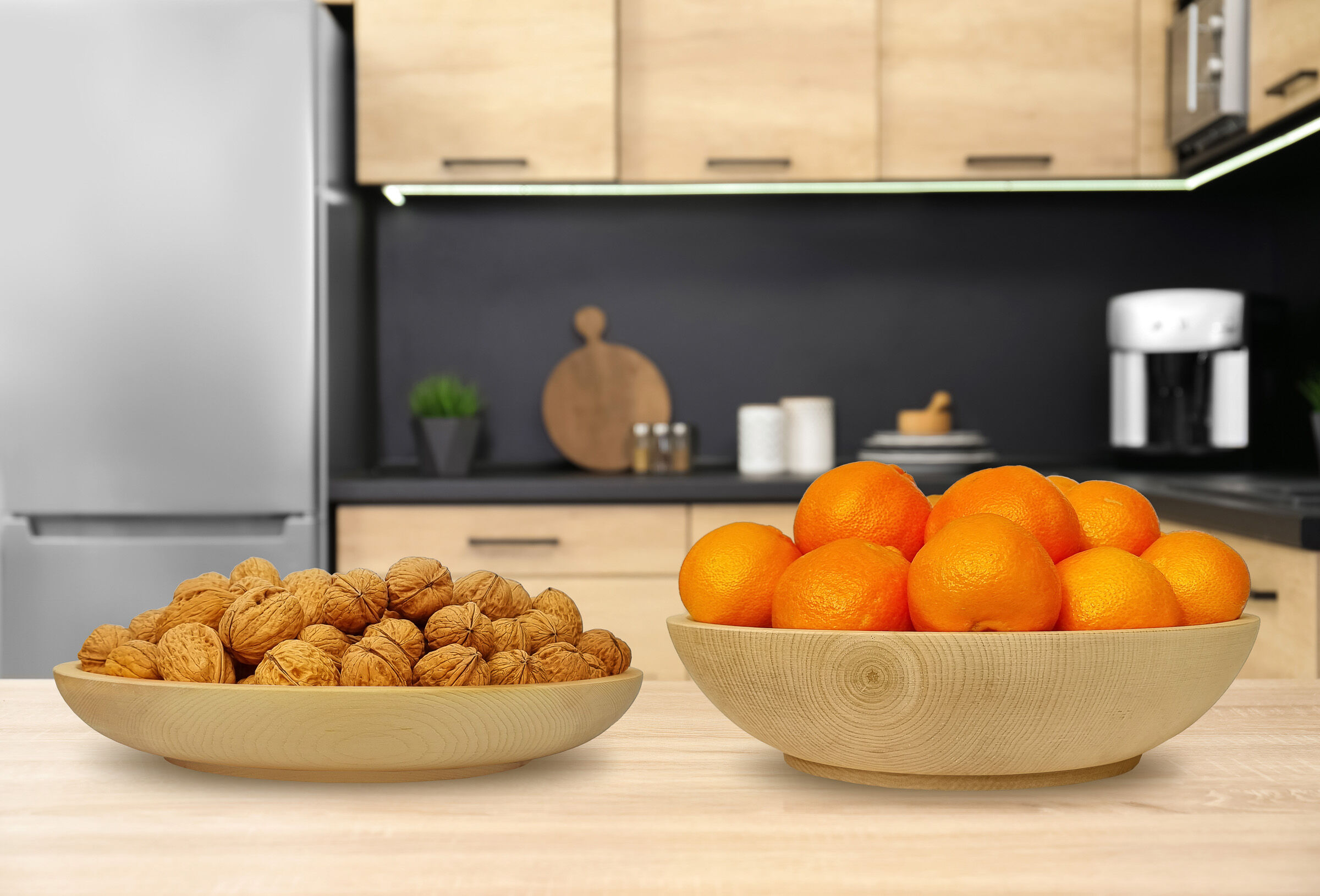 Walnüsse, Orangen, Holzschale, Küchentisch, Frische, Zirbenschale 2 Tiefen