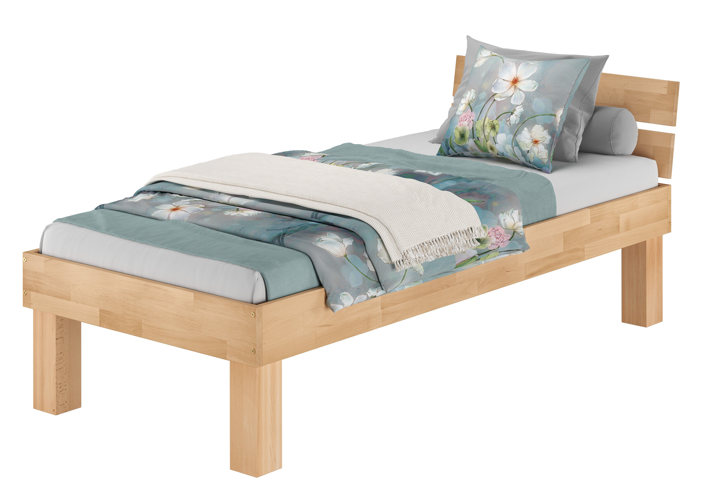 Holzbett, Fransiger Rahmen, Bettgestell, Blaugrüne Bettwäsche, Blumenmuster, Schönes Buchenholzbett 100x220 mit hohen Füßen