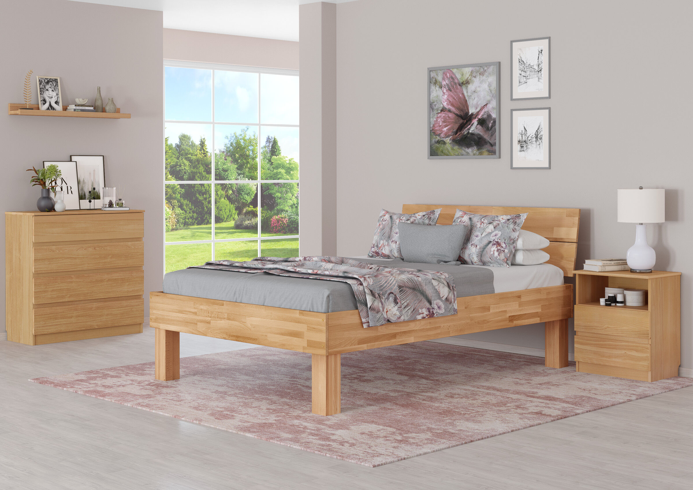 Bettenrahmen, Holzbetten, Holzbetten-Größe, Holzstruktur, Nachttisch, Zimmerbild des Vollholzbettes 140x220 aus Buche