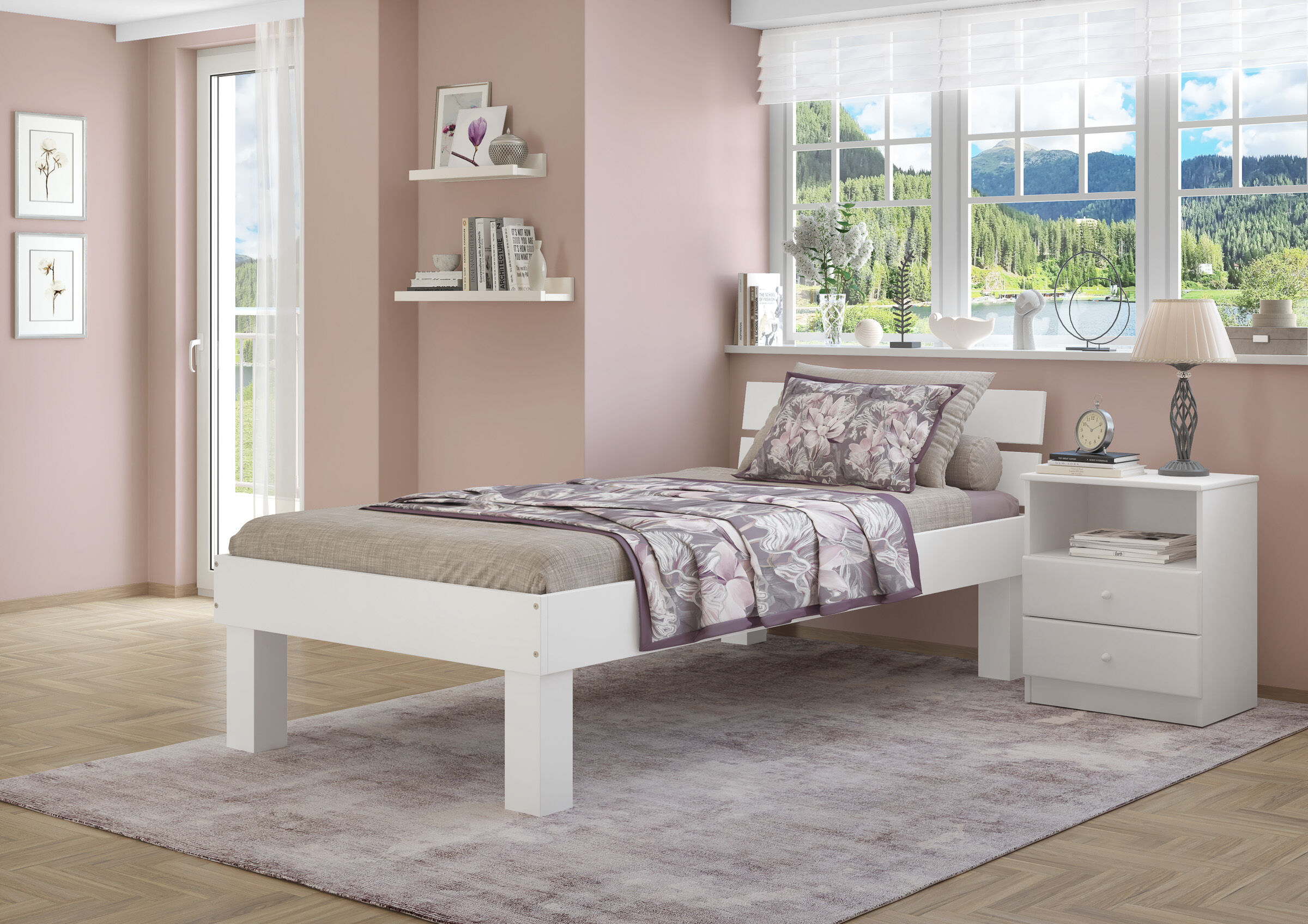 bett, schlafzimmer, kissen, blumen, decke, weiße Pfosten für Bettenerhöhung