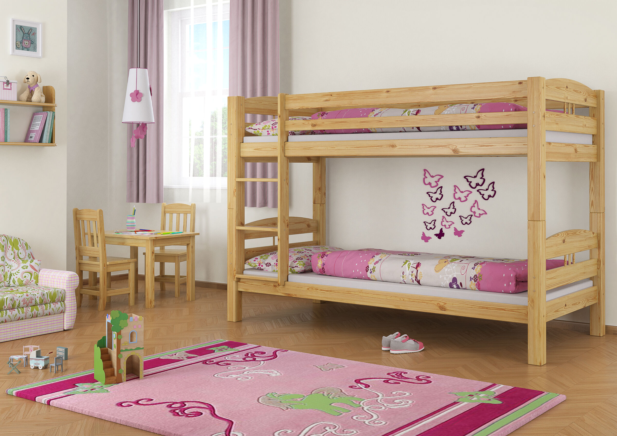 Etagenbett, Holzbett, rosa Bettwäsche, Schmetterlingsdeko, Kinderzimmerteppich, Stockbett Kiefer natur