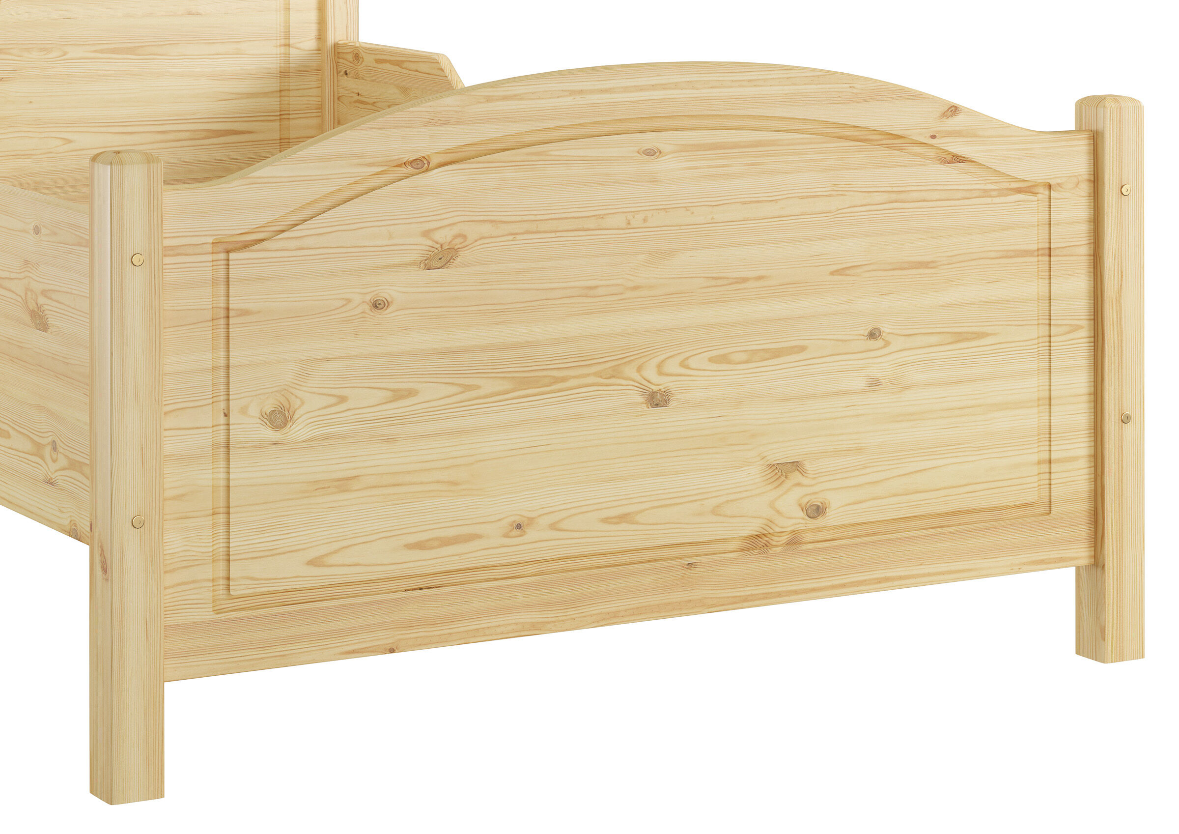 holzbettrahmen, holzbett, kopfsteg, naturholz, keine marks, Detailbild des Fußteils des Holzbettes 120x200