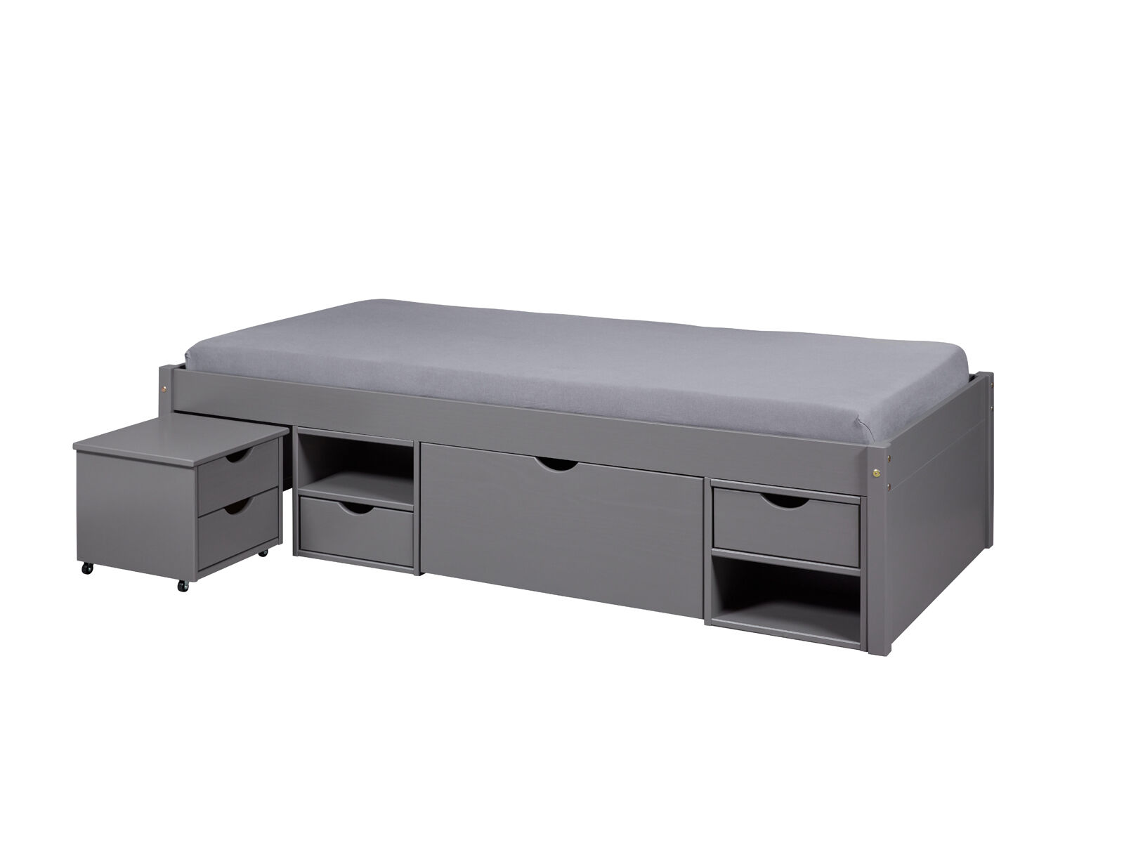 Bett aus grauem Kiefermassivholz 90 x 200 cm Funktionsbett Till 90 x 200 cm Massivholz grau