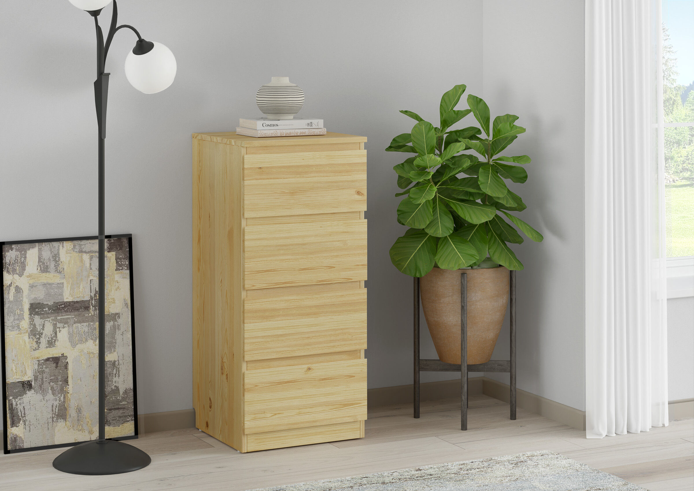 Holzkommode, Kommode, Holzholz, Wohnzimmerdeko, Pflanzenständer, Elegante Kieferkommode mit 4 Schubladen