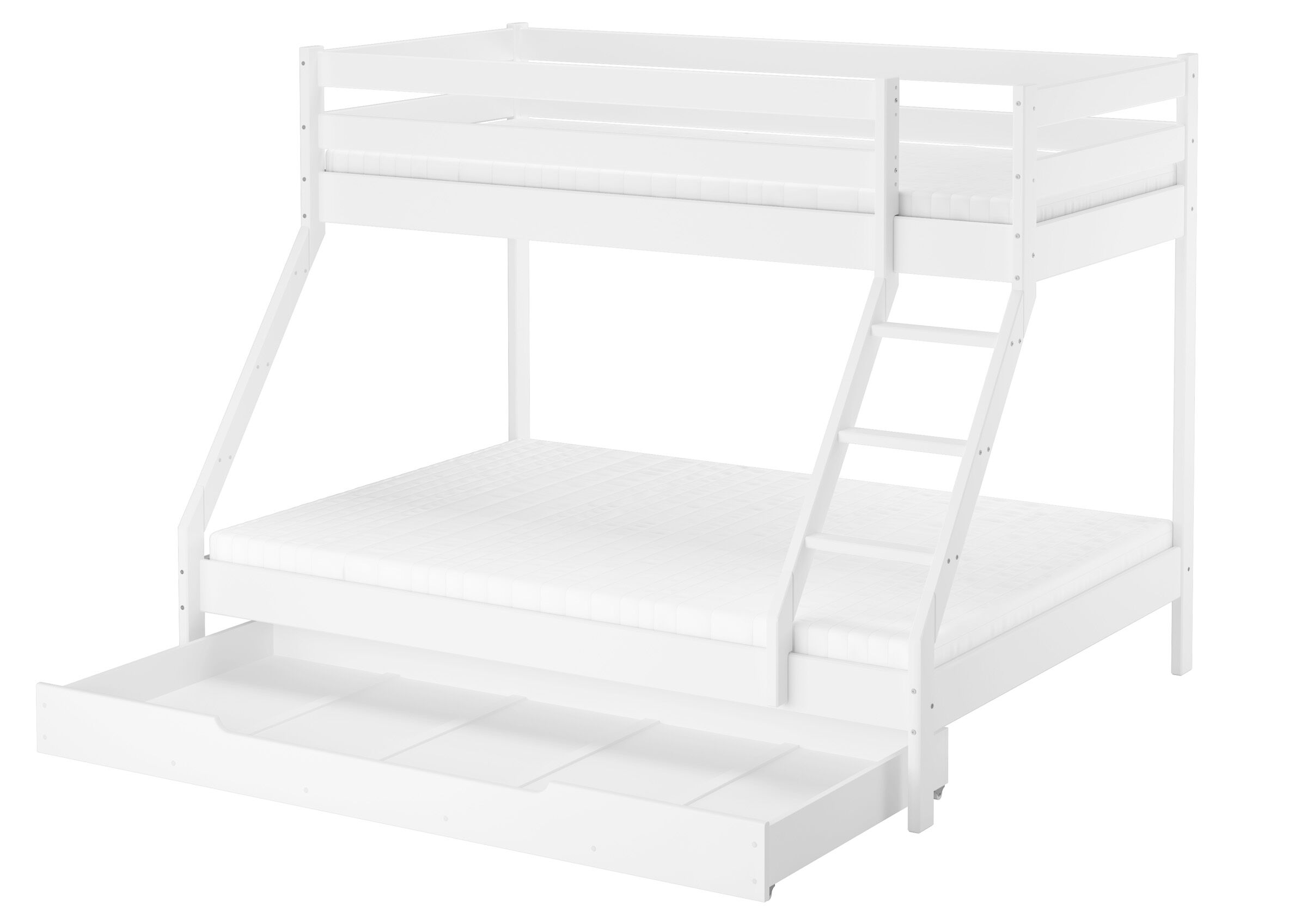 Etagenbett, Holzbett, weiß, Schublade, Ziehbetten, Weißes Etagenbett mit Rollrosten und Matratzen und durchgehenden Staukasten