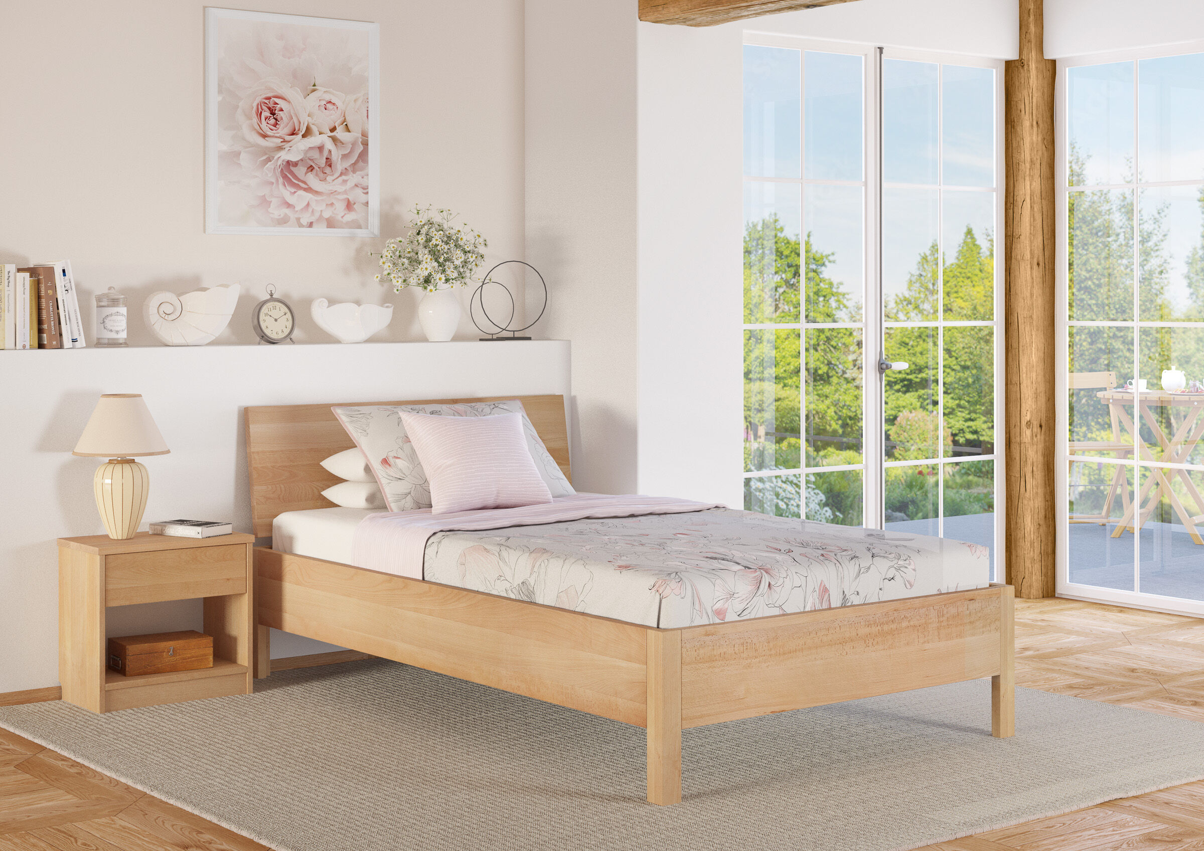 bett, Holzbett, Nachttisch, Matratze, Blumenmuster, störungsfreie Holzbetten ohne Metall