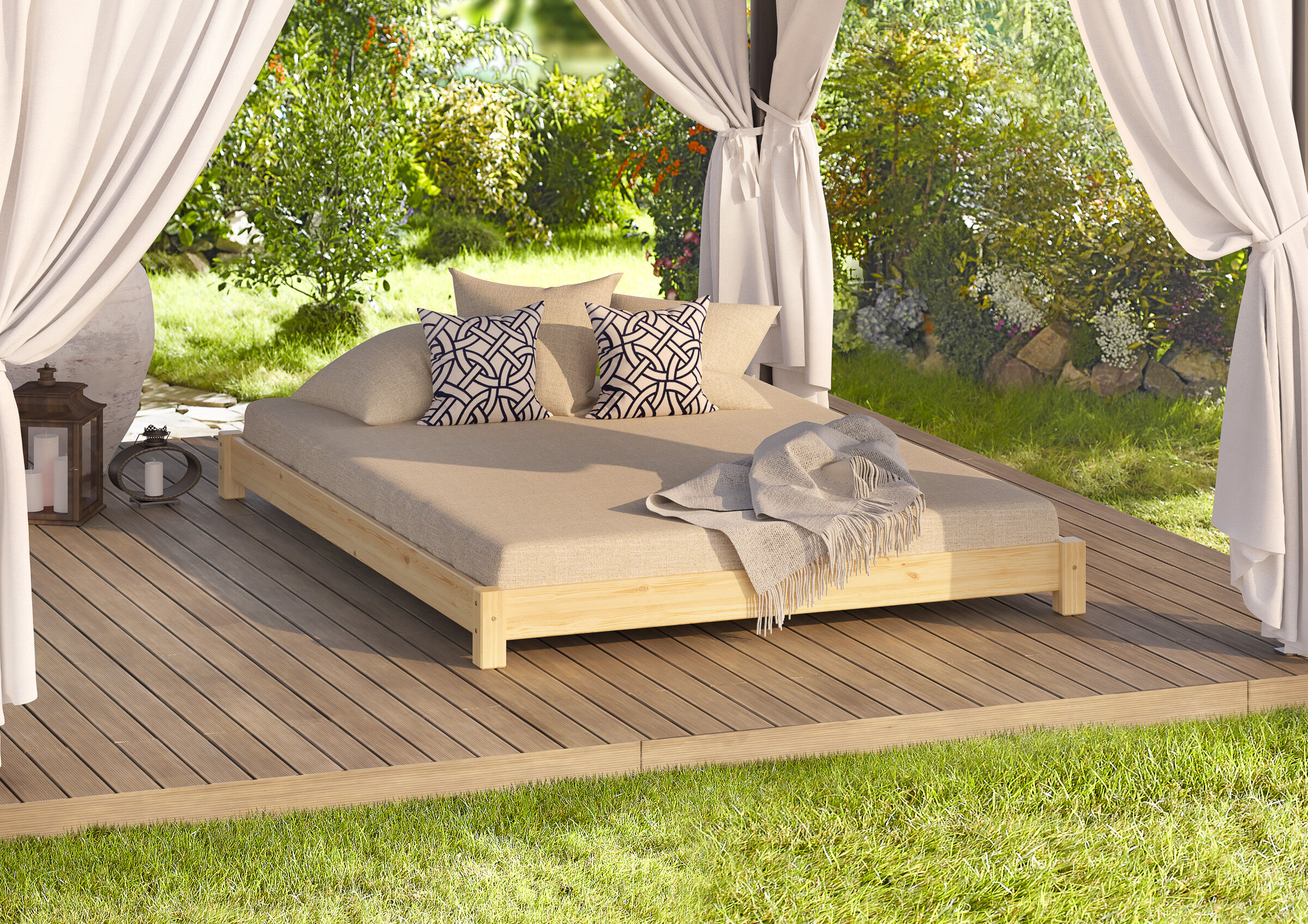 outdoor bed, lounge daybed, deck, kissen, leinen softly blanket, Daybed unter Pavillon