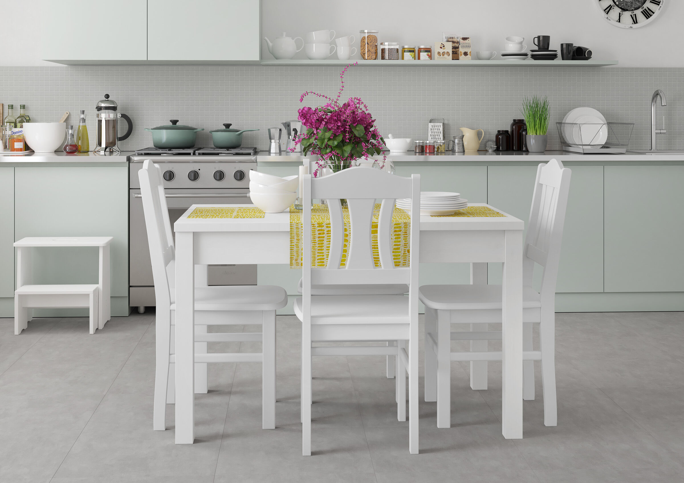 kitchen, küchentisch, weiße möbel, blumen, küchengeräte, Esszimmerstuhl weiß