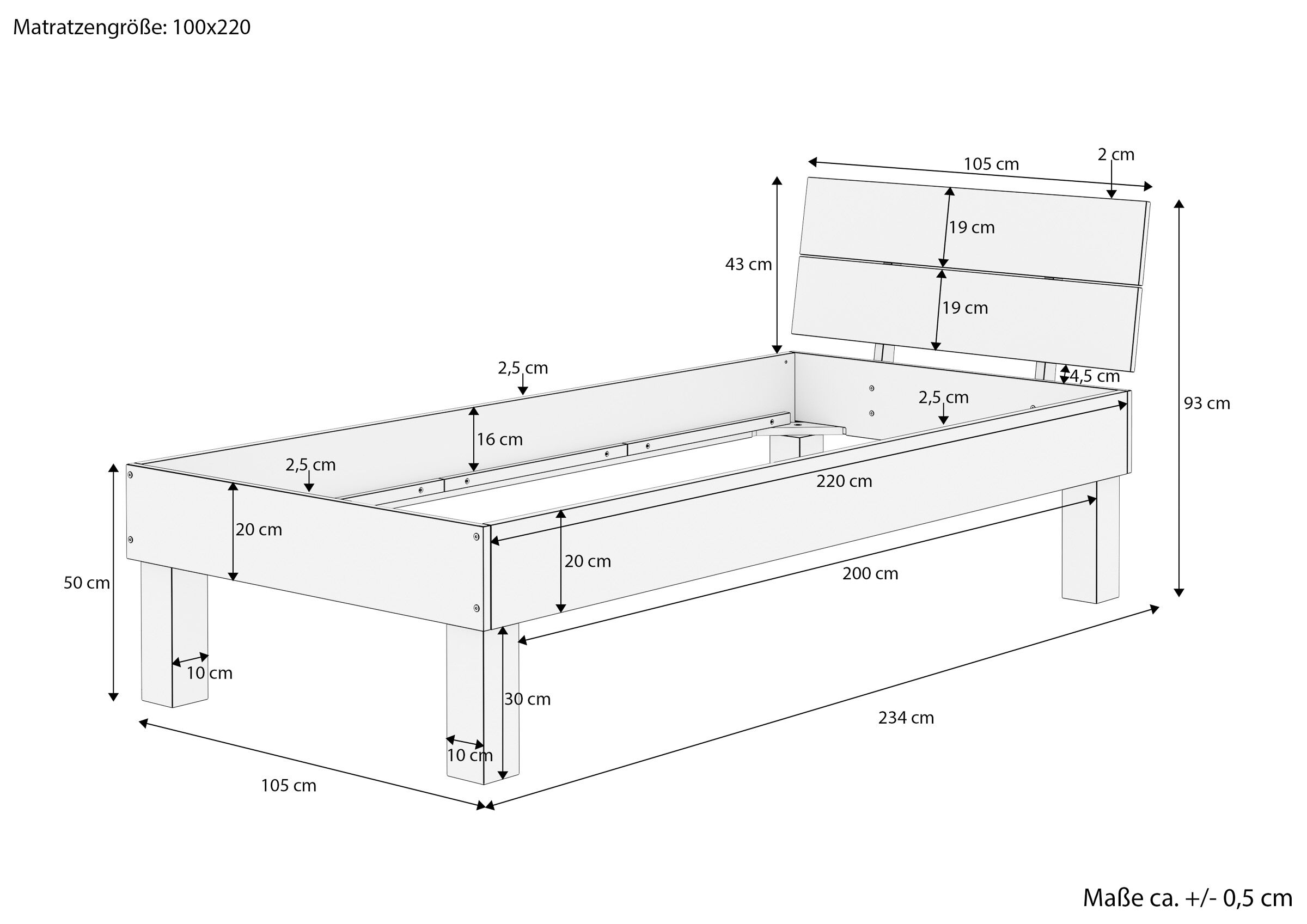 bett, babybett, holzbettrahmen, bettgestell, matratzenrahmen, Maße des Buchenholzbettes 100x220