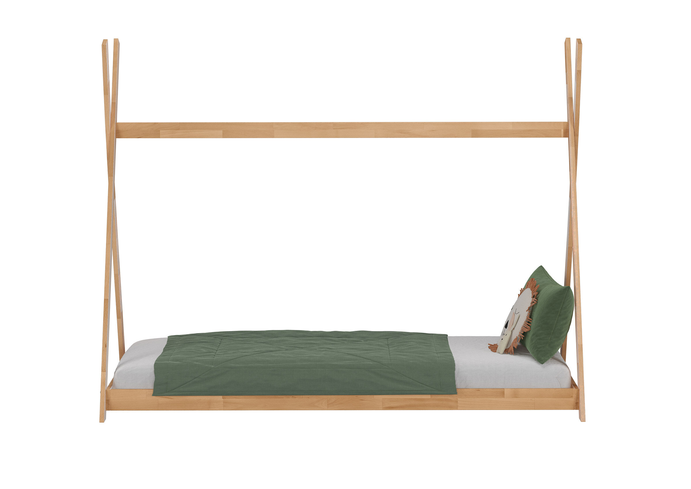 Etagenbett, Holzbett, Stockbett, Bettgestell, Grüne Bettdecke, Detailbild des Flachbettes 90x200 aus Buche