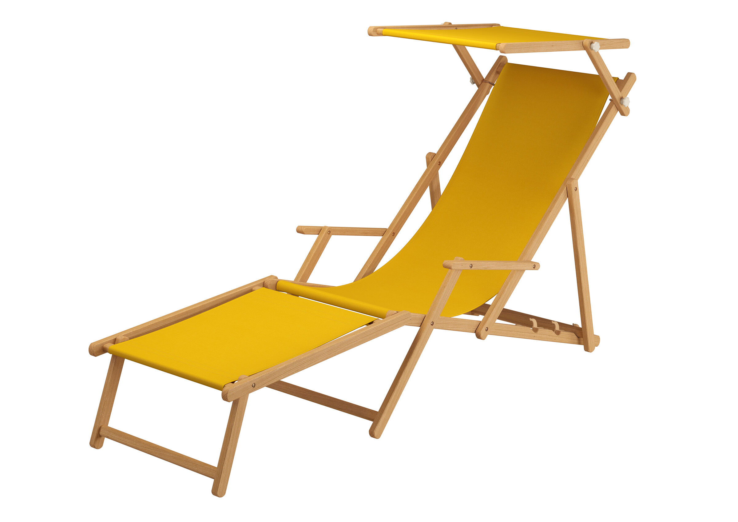 Liegestuhl, Sonnenliege, Holzgestell, Gelb, Beach-Accessoire, Strandstuhl mit Sonnendach und gelbem Sitzstoff