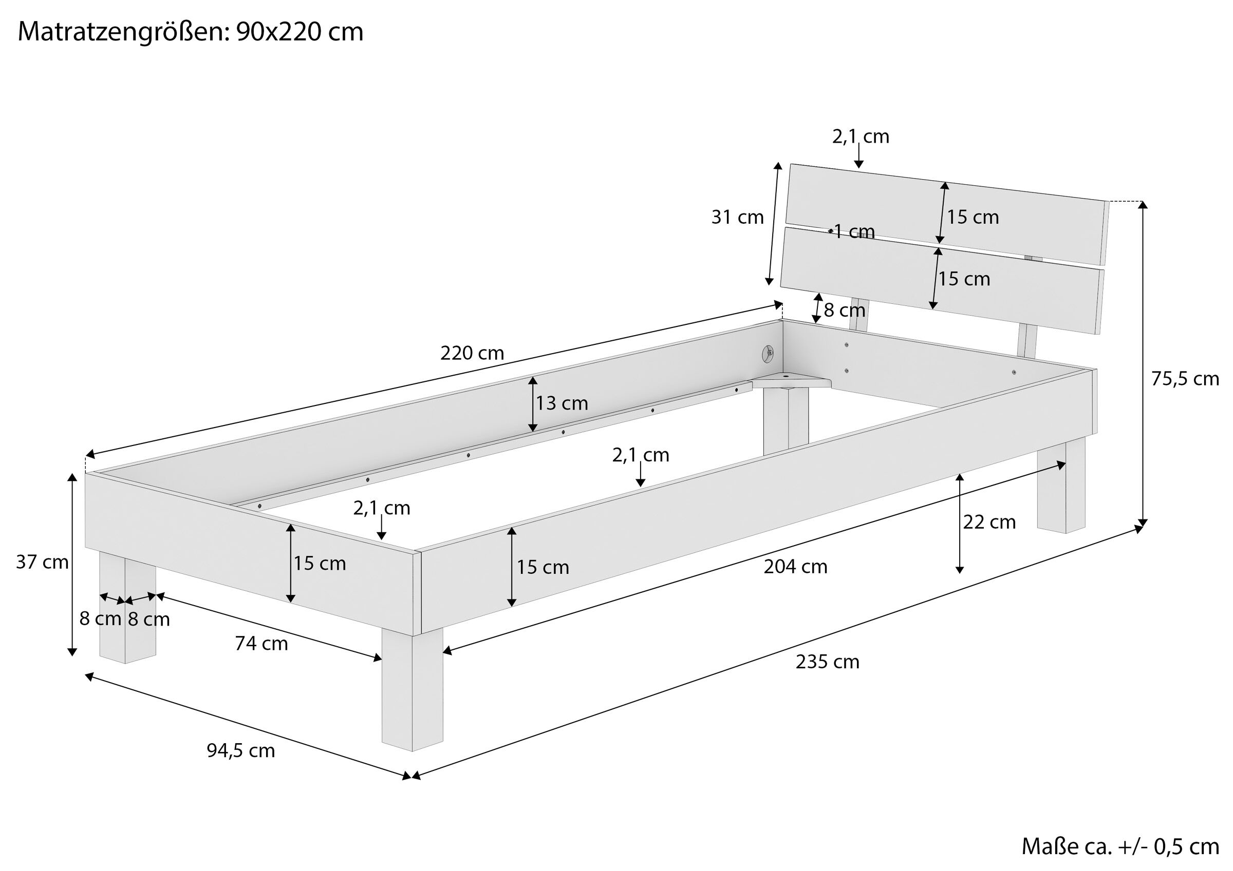 holzbett, bettrahmen, bettgestell, holz, bett mit kopfteil, Maße des Einzelbettes 90x220